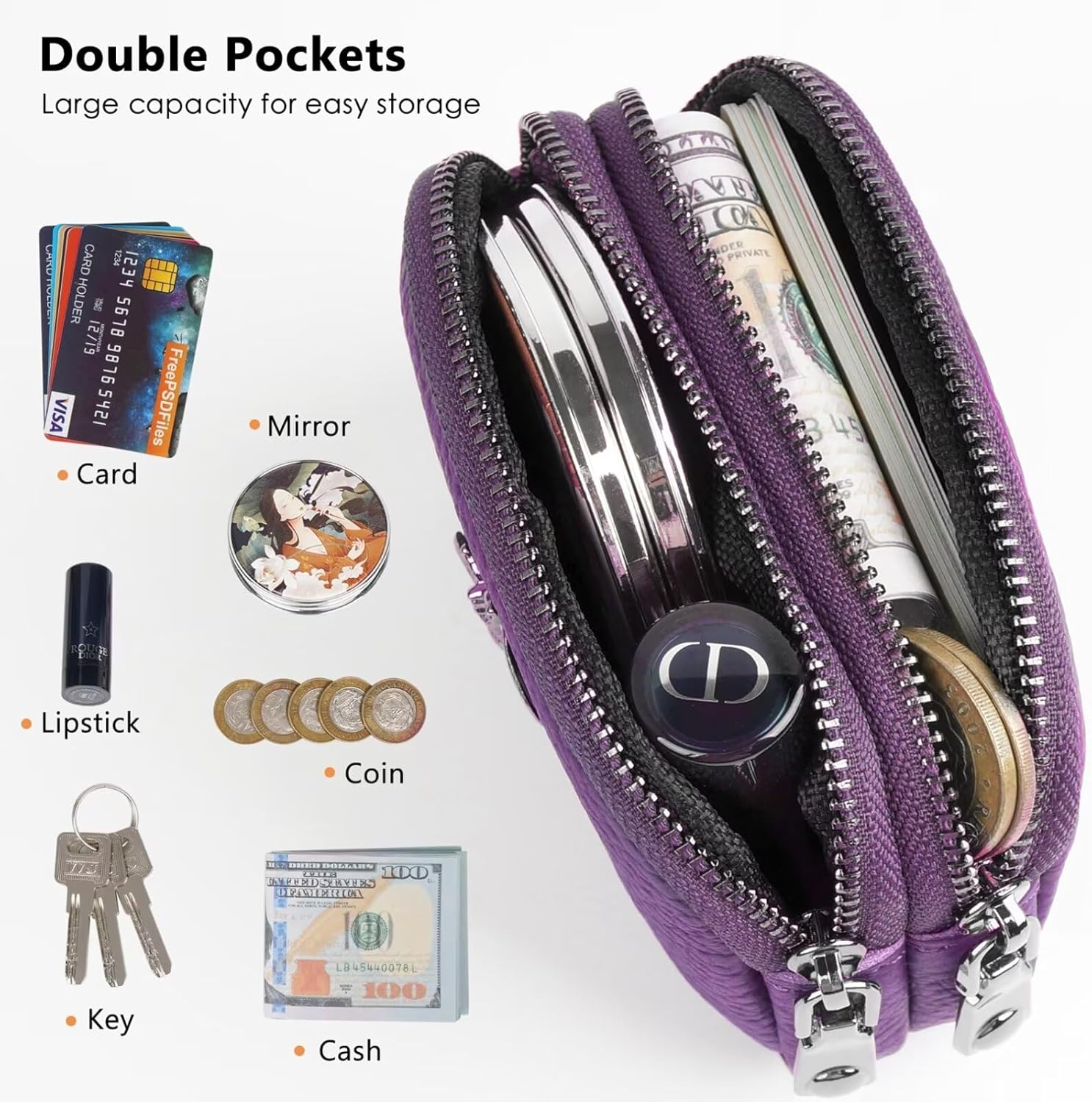 Thumbnail 2 de MAVHVAM Ladies Genuine Leather Small Purse – Purple Mini Coin Wallet with Double Zip