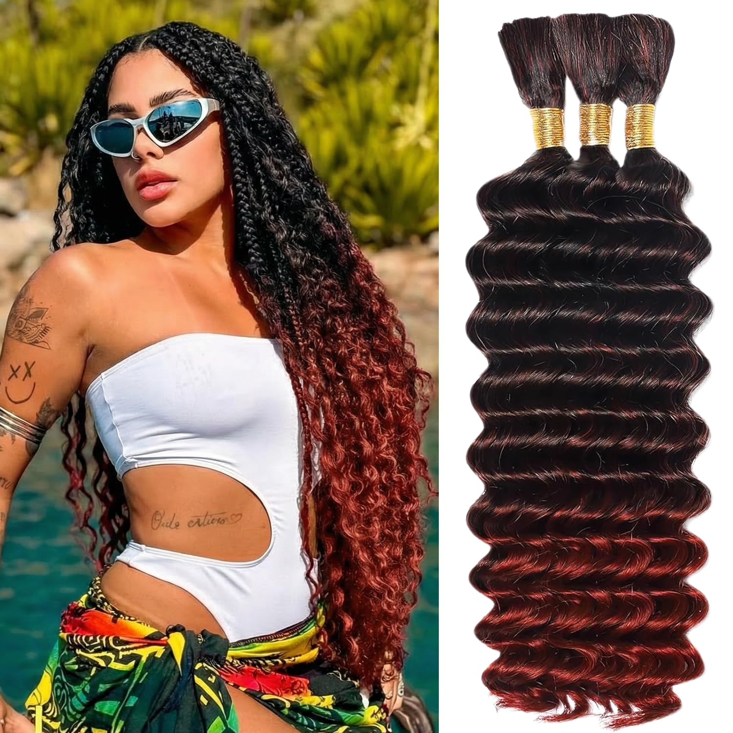 Thumbnail 6 de Afihond Human Braiding Hair for Boho Braids (Deep Water Wave), 120g Bulk Human Hair, No Weft, 3 Bundles, 18 Inch