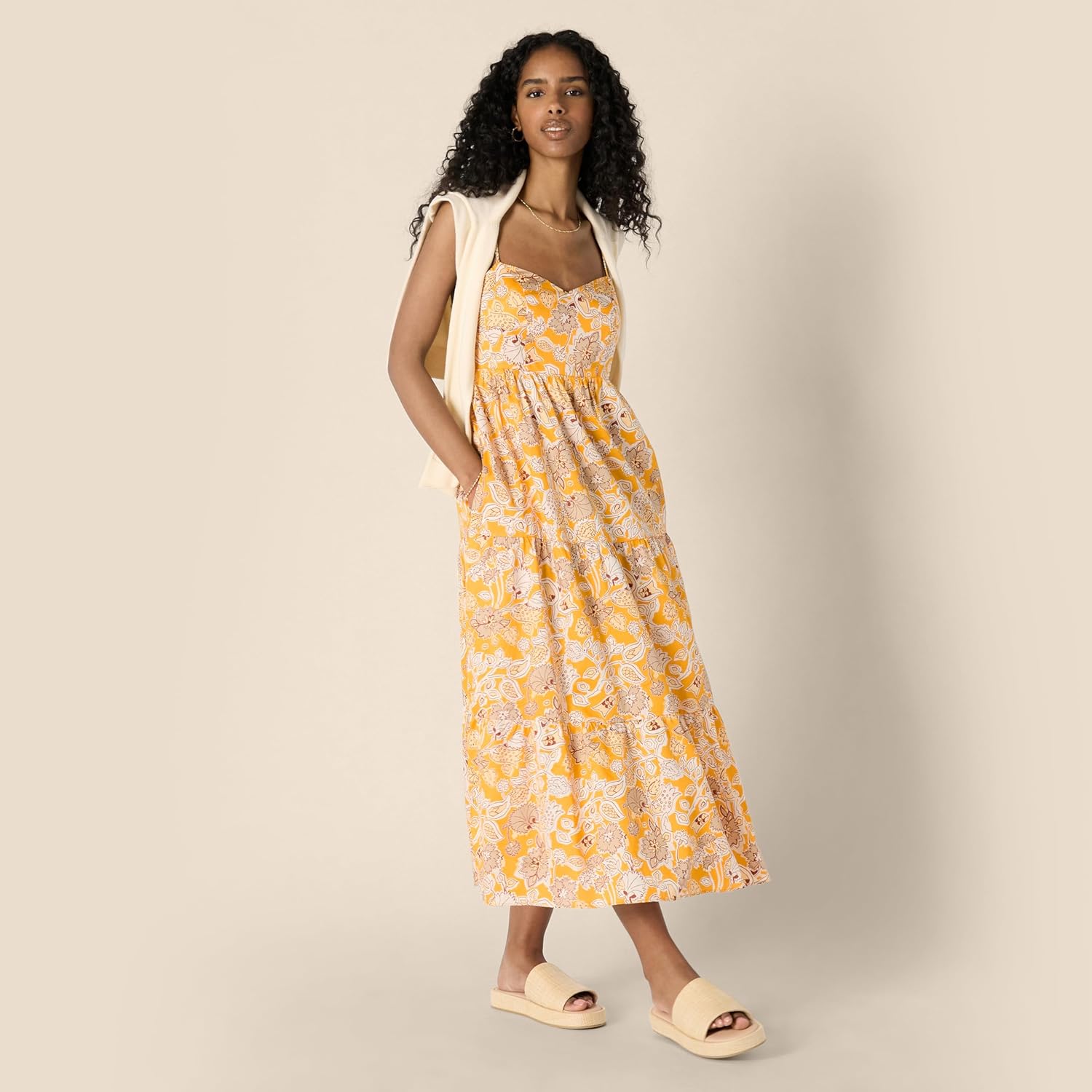Thumbnail 3 de Amazon Essentials Damen Gestuftes Fit-and-Flare-Maxikleid aus Baumwollsatin mit Empire-Taille