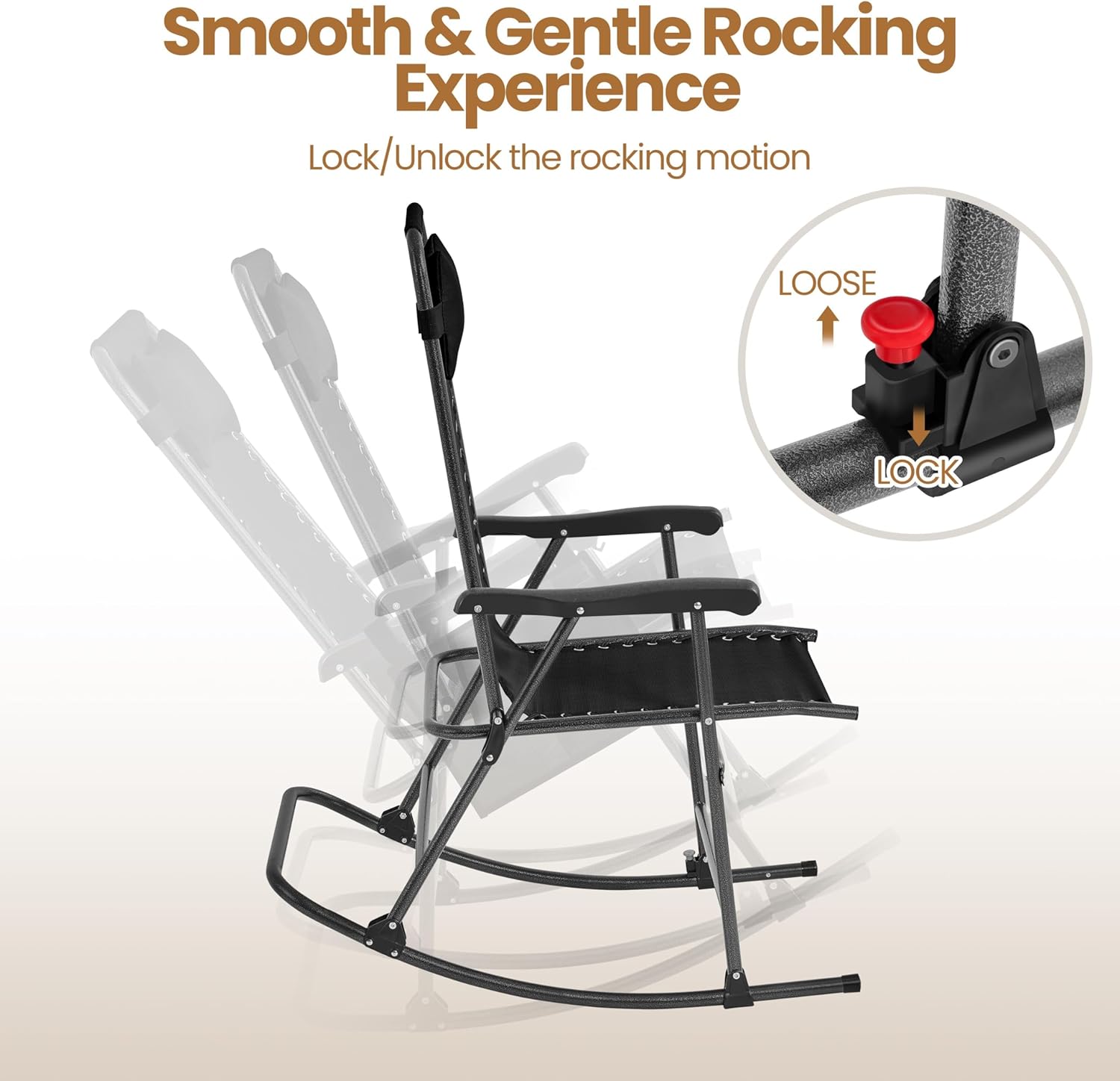 Thumbnail 6 de Yaheetech sedia a dondolo reclinabile pieghevole da esterno con portata 120 kg e braccioli (102 x 65,5 x 103 cm) – nero