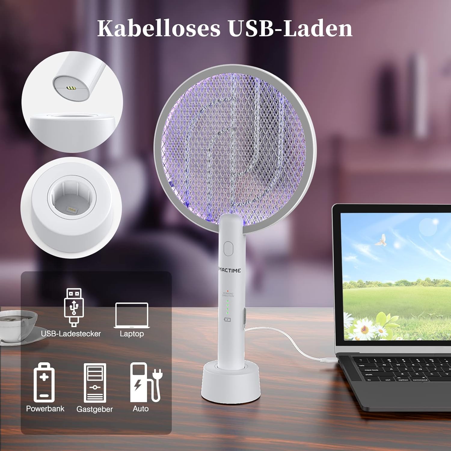 Detalle de Elektrische Fliegenklatsche 2-in-1: 4000V Insektenvernichter mit UV-Lampe, USB wiederaufladbar