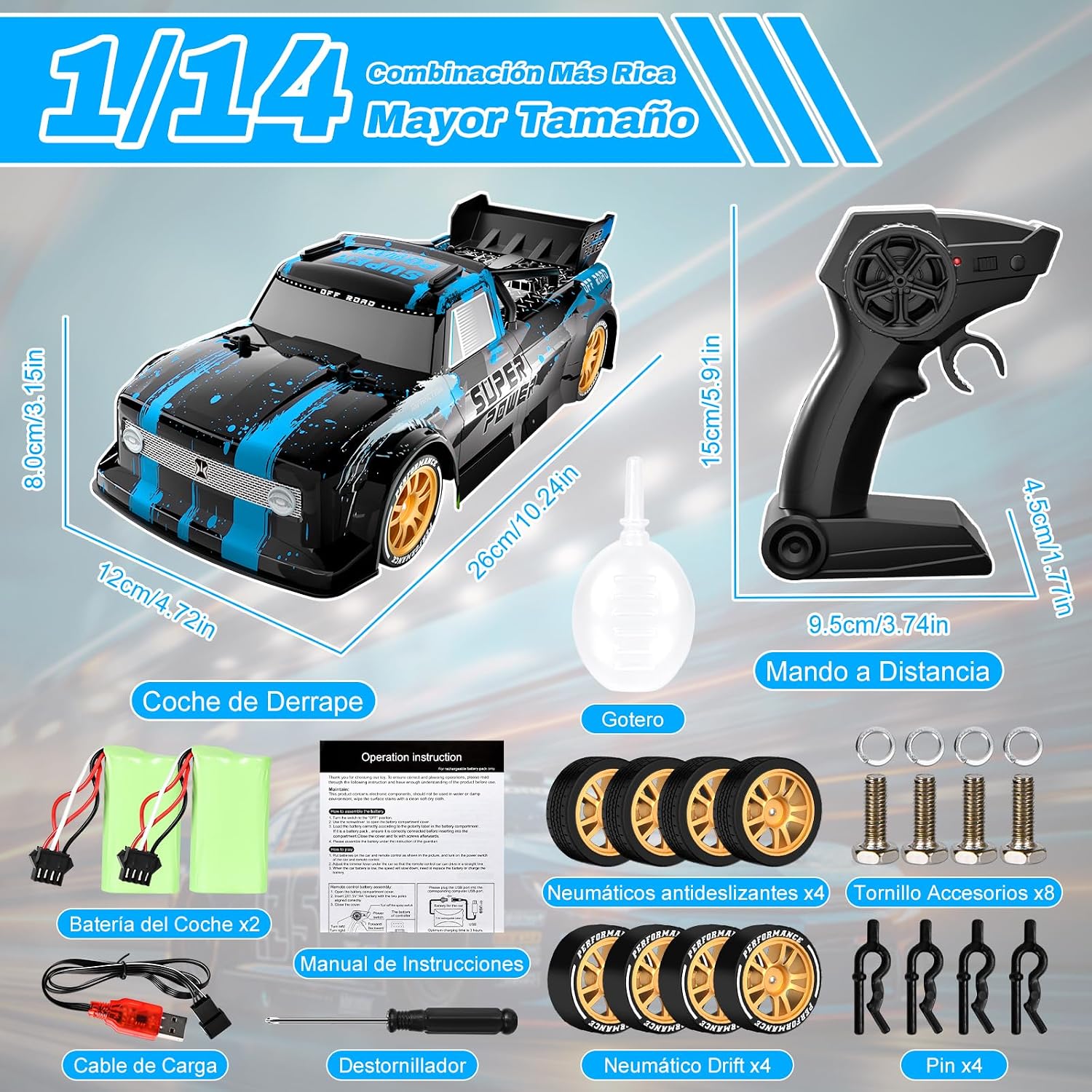 Detalle 2 de Joellfuner Coche Teledirigido Drift 1:14 4WD Luz y Niebla
