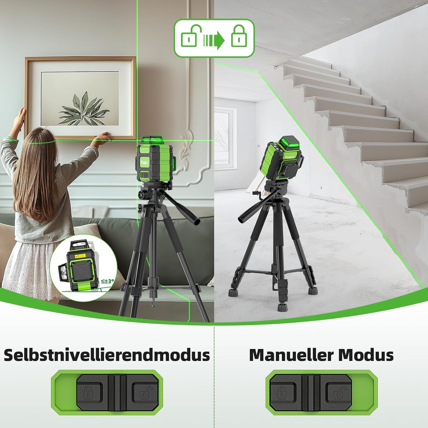 Detalle 2 de Huepar Kreuzlinienlaser 360 grün HM03CG – Selbstnivellierend, wiederaufladbar, 3D-Laserwaage mit starker Magnethalterung