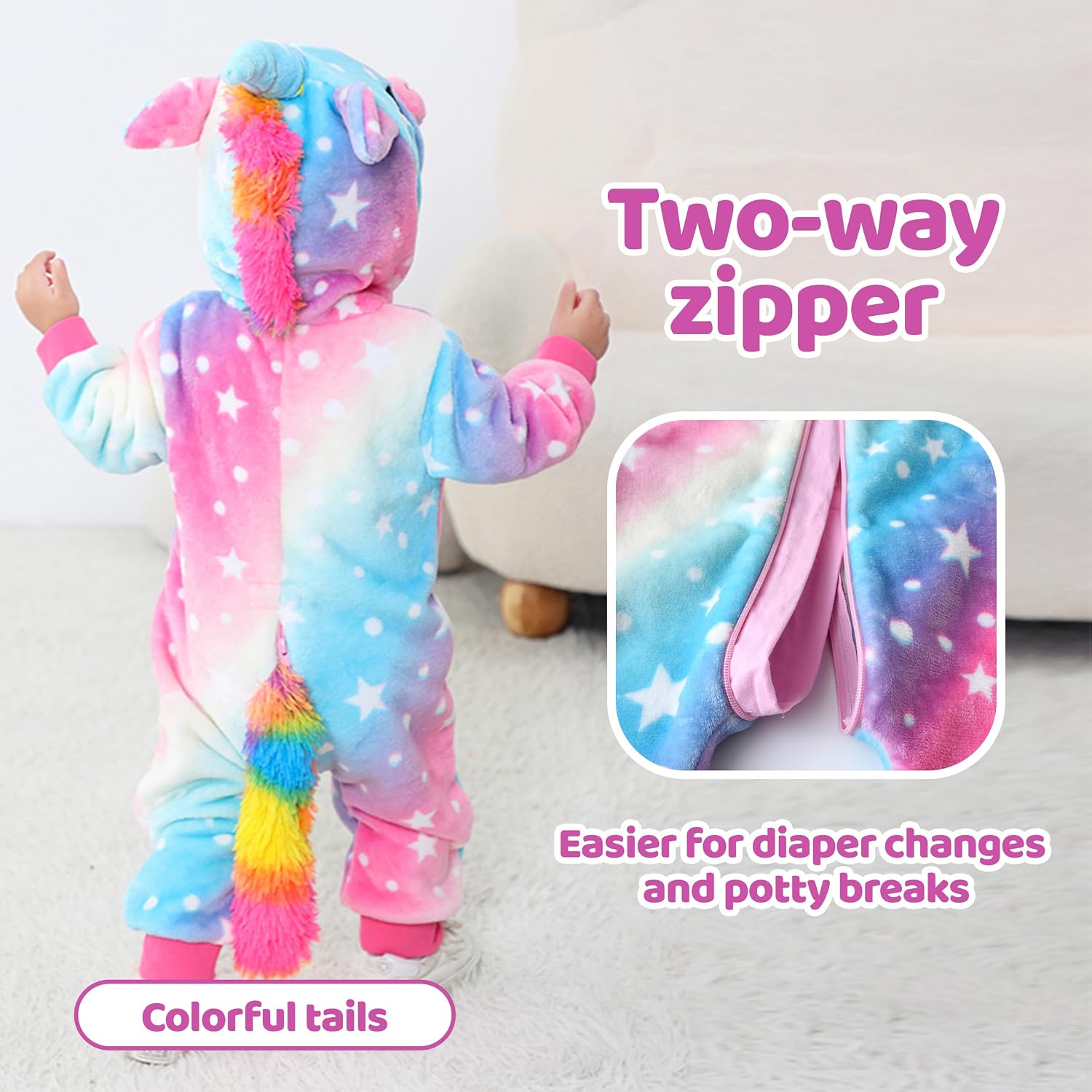 Detalle de LOLANTA unisex toddler dinosaur unicorn rainbow plush hooded romper (1–5 years)