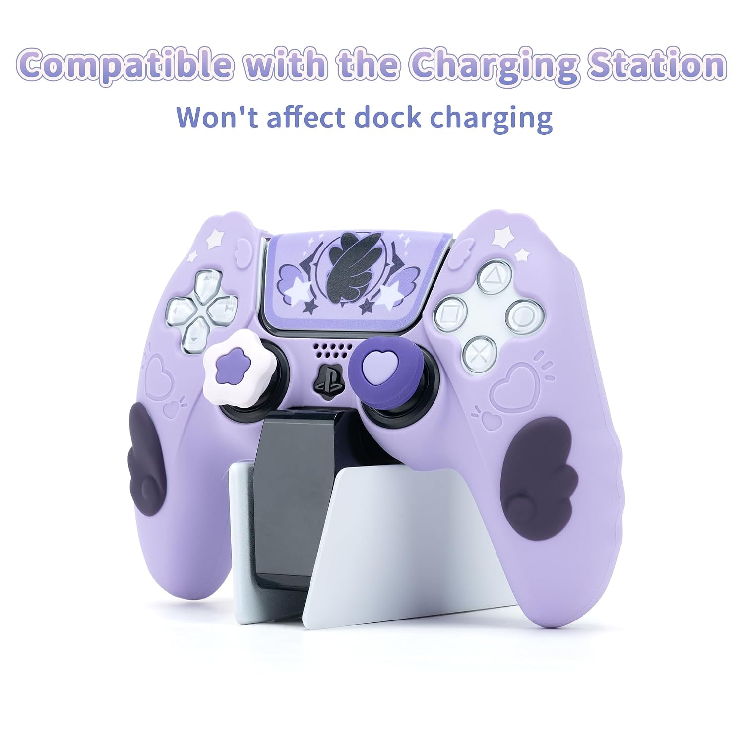 Detalle de GeekShare PS5 Controller Hautgriff-Set – Sternflügel, lilac, rutschfeste Silikon-Schutzhülle inkl. Daumengriffkappen