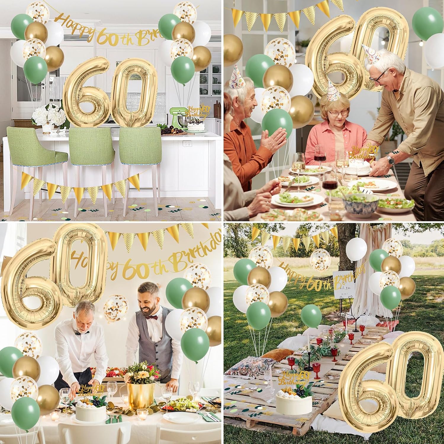 Thumbnail 6 de Saga Green 60th Birthday Decorations Set – Sage Green, White & Gold Party Kit