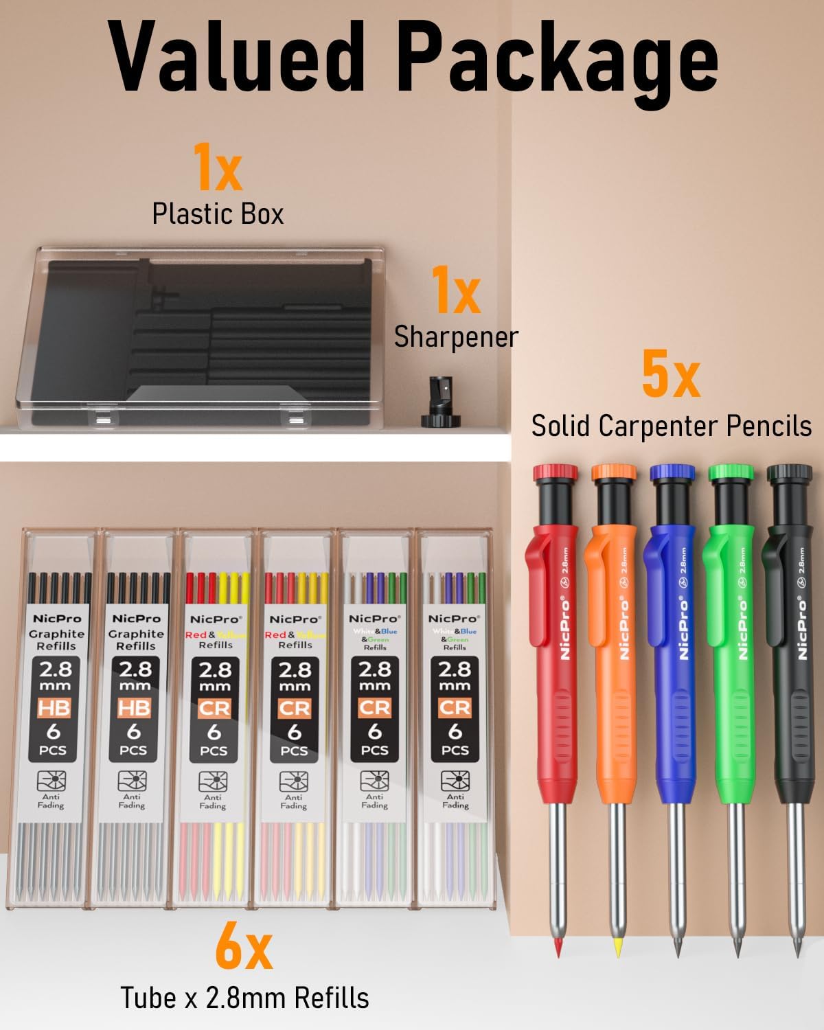 Thumbnail 6 de Nicpro Deep Hole Marker Pencil Set – 5 solid carpenter pencils with 2.8 mm leads, sharpener & storage box