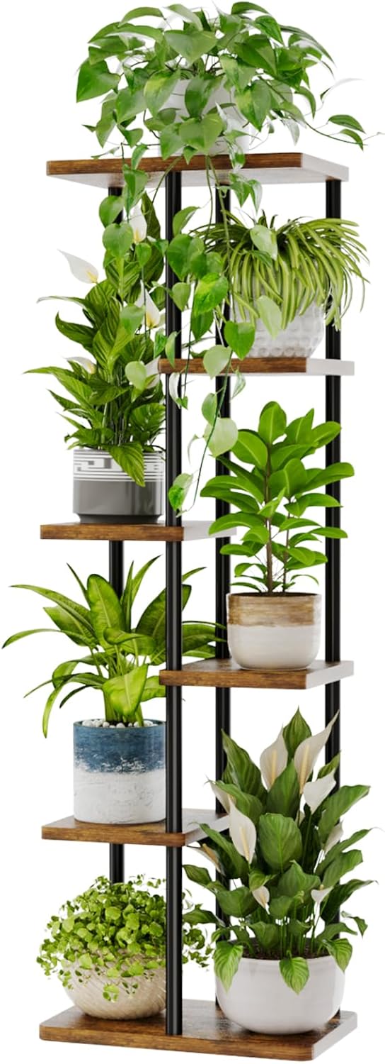 Detalle de Bamworld Porta Piante da Interno ed Esterno – Fioriera Verticale a 6 Ripiani in Metallo e Legno (Marrone)