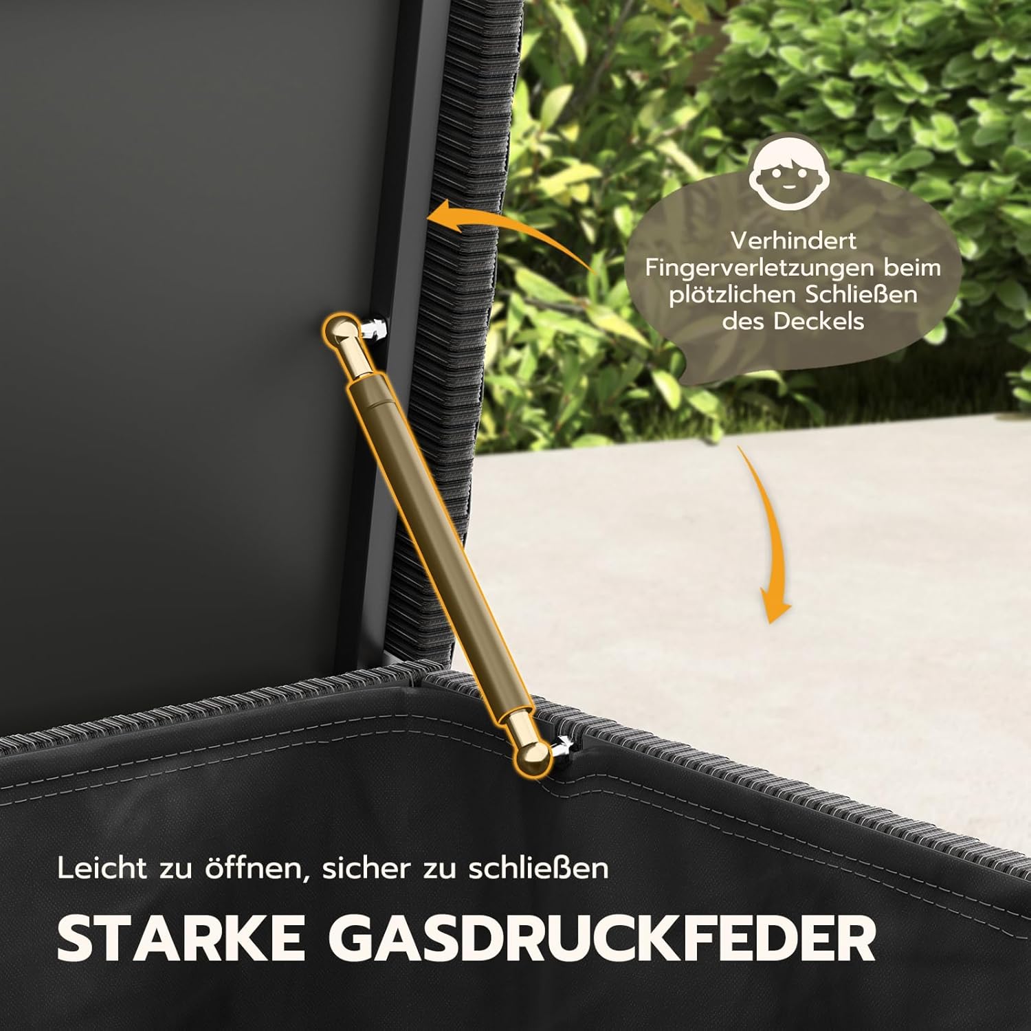 Detalle de Amopatio 650L Gartenbox aus Polyrattan mit Gasdruckfedern – wasserdicht & wetterfest, Auflagenbox für Balkon und Garten