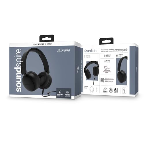 Detalle de Energy Sistem Auriculares de Diadema (Negro) con plástico 100% reciclado, cable extraíble y micrófono