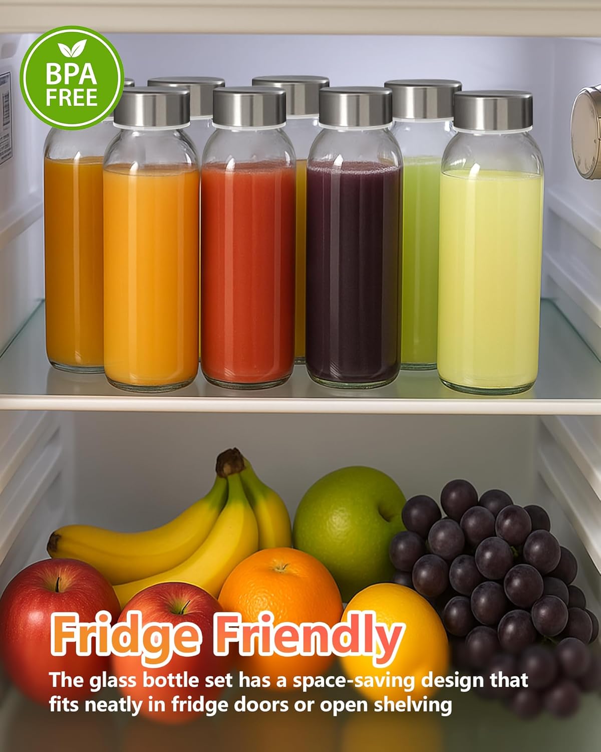 Detalle de Zukro 10.5oz glass bottles, 8-pack juice bottles with stainless steel lids