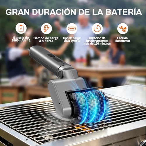 Detalle de Hiwoor Cepillo Eléctrico para Barbacoa 3 en 1: 3 Cabezas, 150 Min Autonomía, Inalámbrico y 3 Velocidades