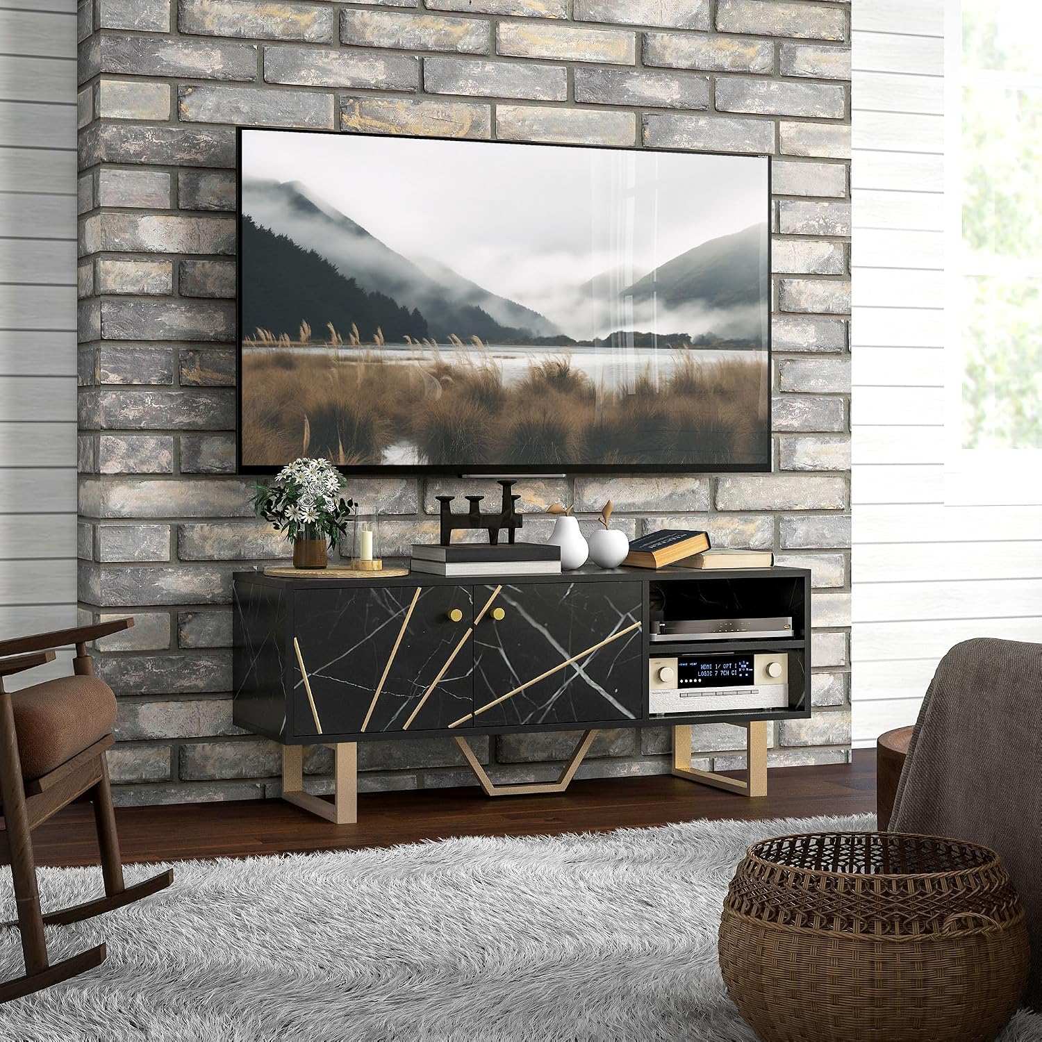 Detalle 2 de HOMCOM Mueble de TV Efecto Mármol Negro y Dorado 🖤