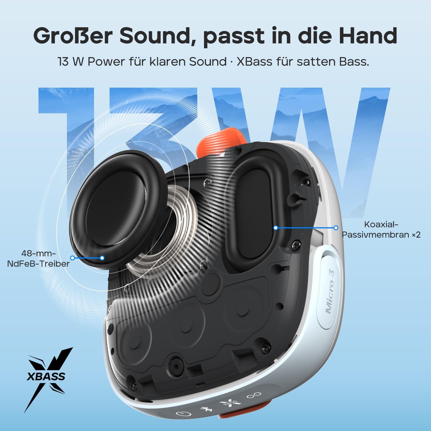 Detalle de Tribit StormBox Micro 3: kompakter Outdoor‑Bluetooth‑Lautsprecher mit XBass, IP68 und Magnetfixierung