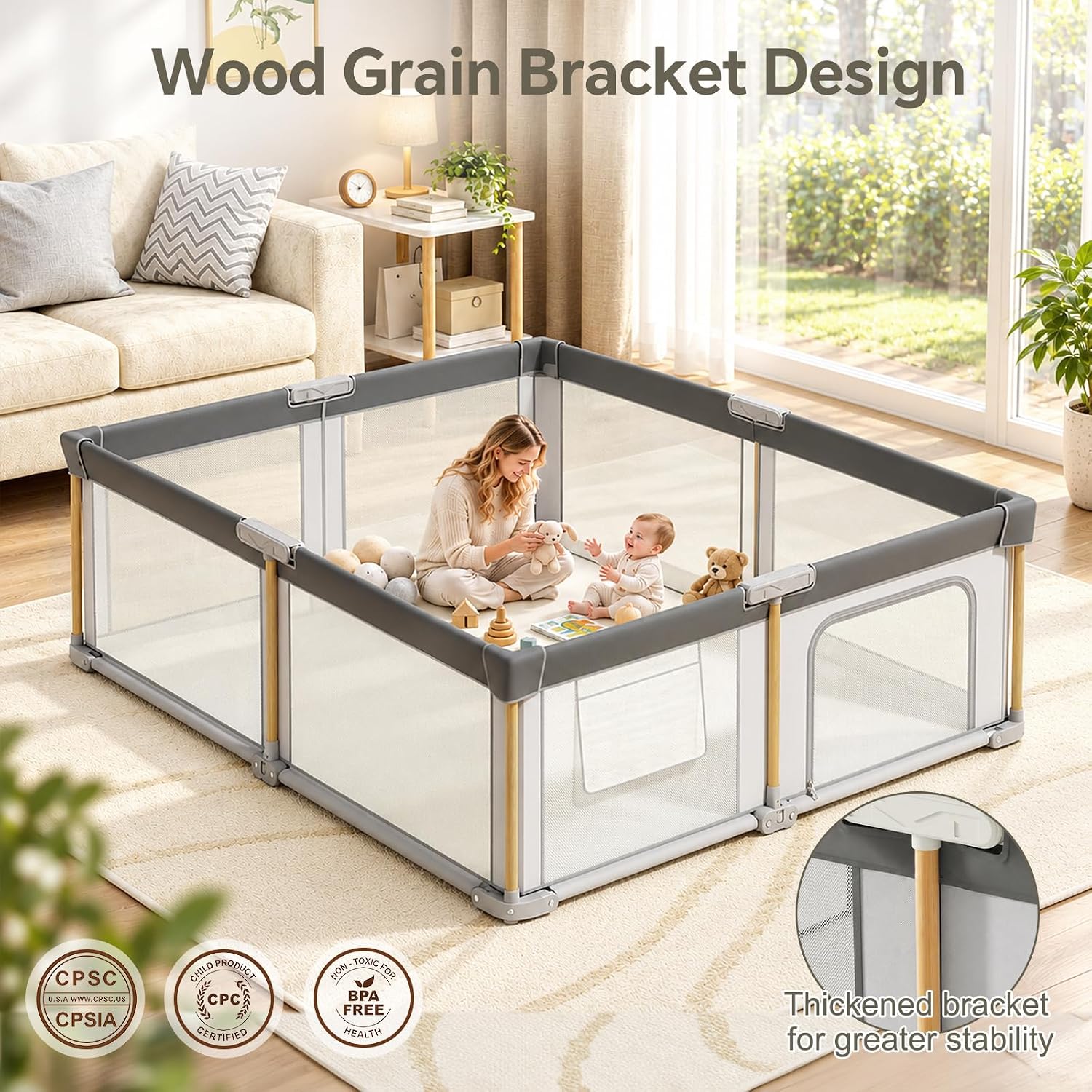 Detalle de JevrJeur 59 x 71 in Foldable Baby Playpen with Mesh Sides and Storage Bag