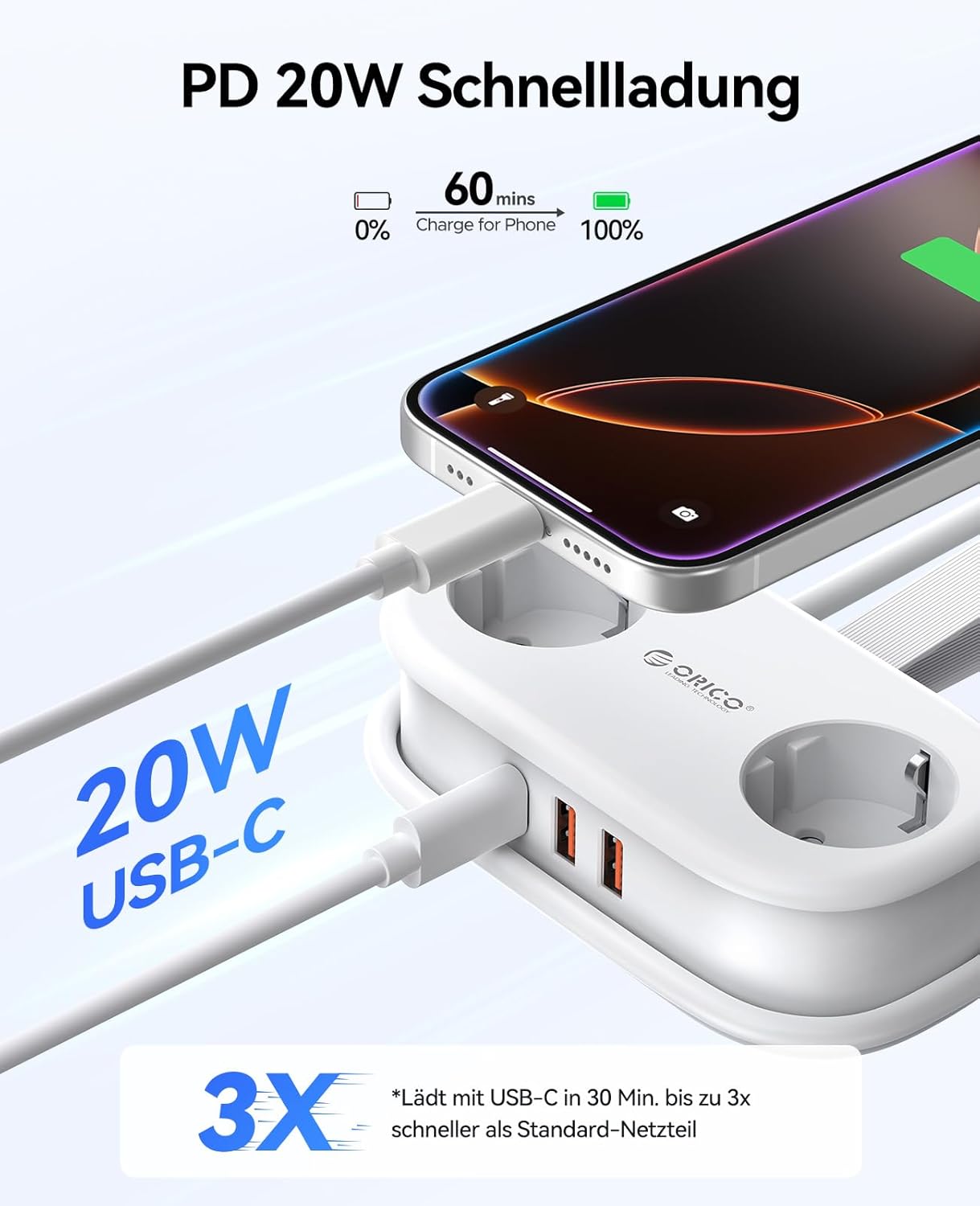 Detalle de ORICO AP3 Steckdosenleiste mit USB C 20W
