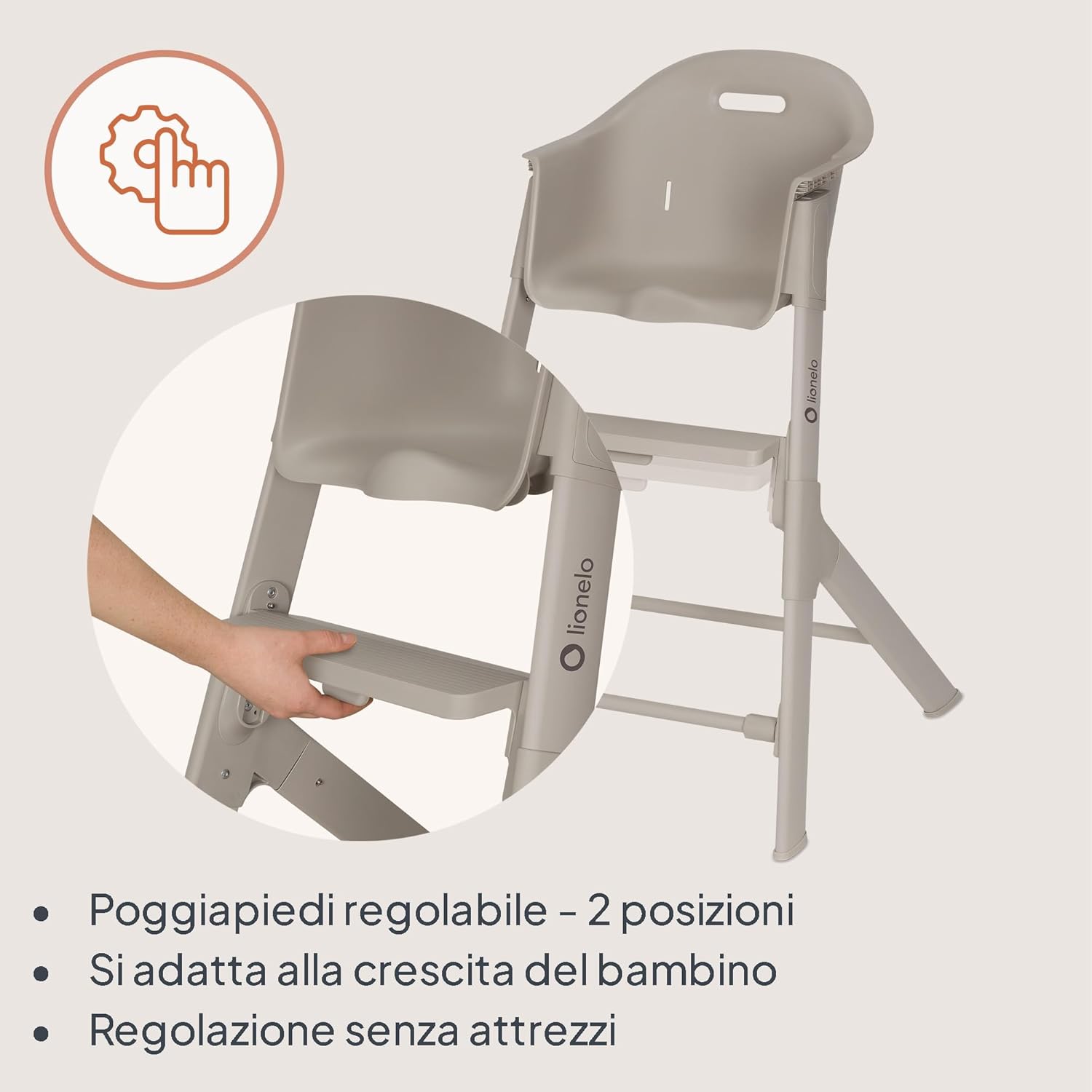 Detalle de Lionelo BENY Seggiolone Pappa 6 mesi – 3 Anni: seggiolone evolutivo con vassoio scorrevole e poggiapiedi regolabile