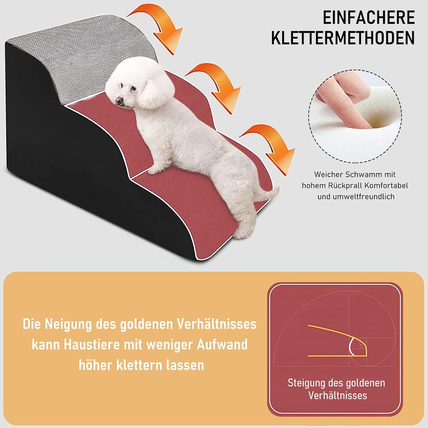 Detalle de CALIYO Hundetreppe 3 Stufen – rutschfeste, waschbare Haustiertreppe für kleine Hunde und Katzen (60×40×40 cm)
