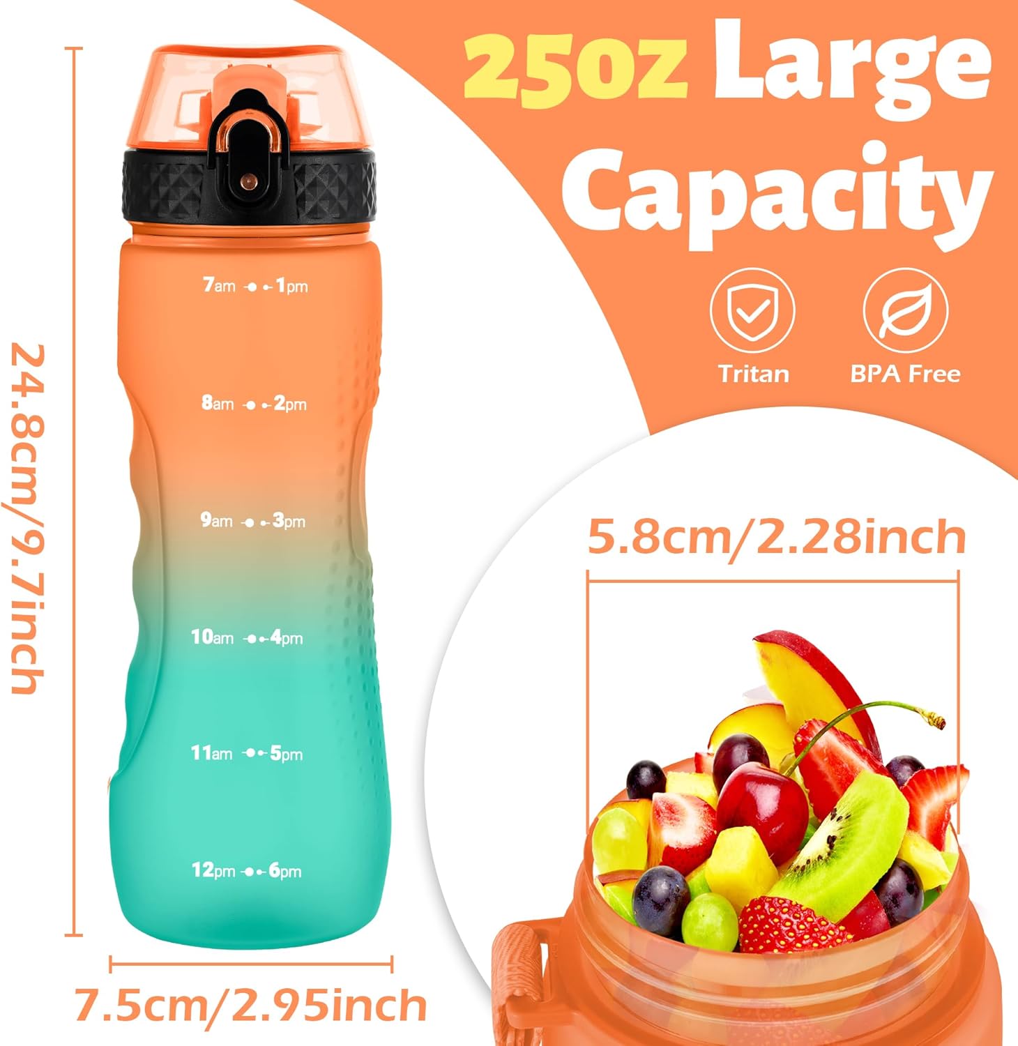 Detalle de OLDLEY 750ml/25oz Leakproof Straw Water Bottle with Time Markings – BPA Free Tritan, 1 Lid (Orange/Green)