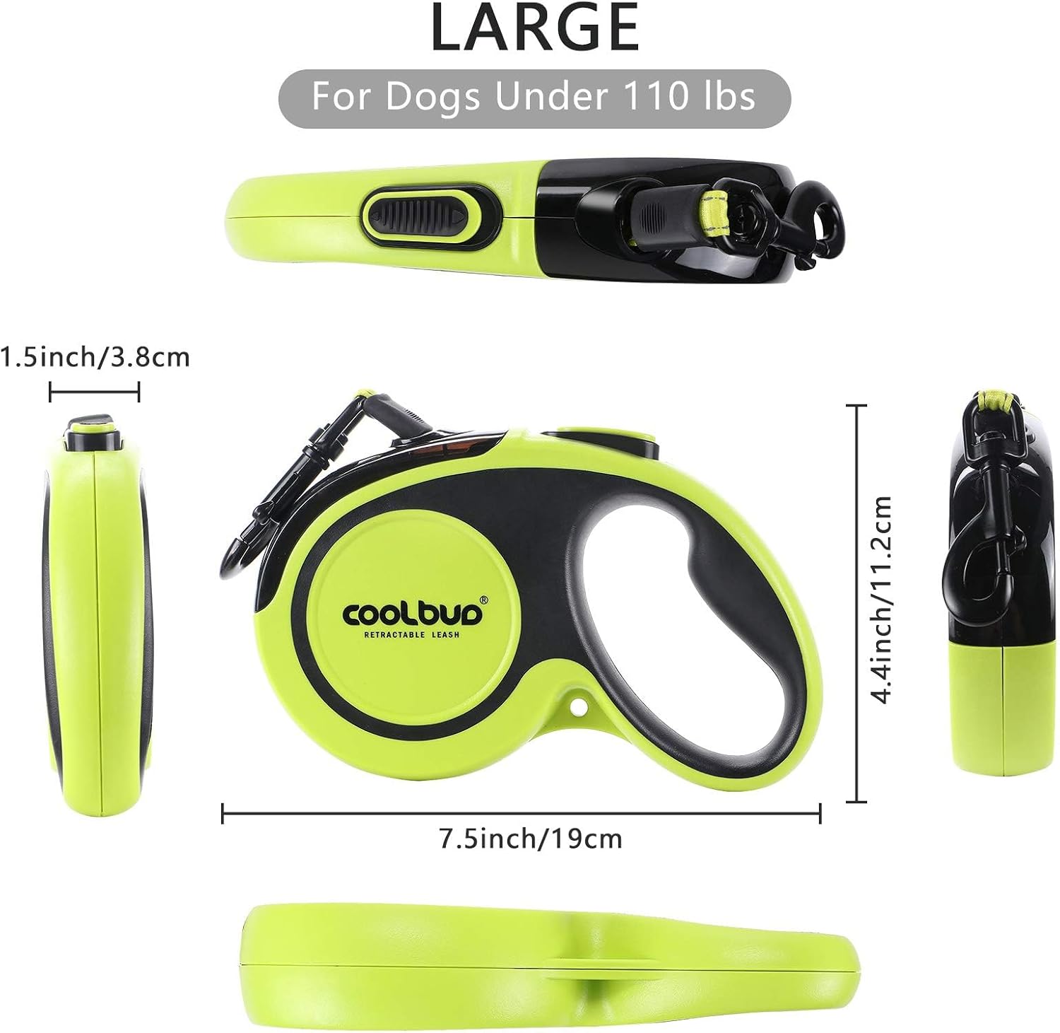 Detalle de Hurluksi Retractable Dog Lead 5m / 16ft Extendable (Up to 50kg) with Anti-Slip Handle and Quick Brake (Green)