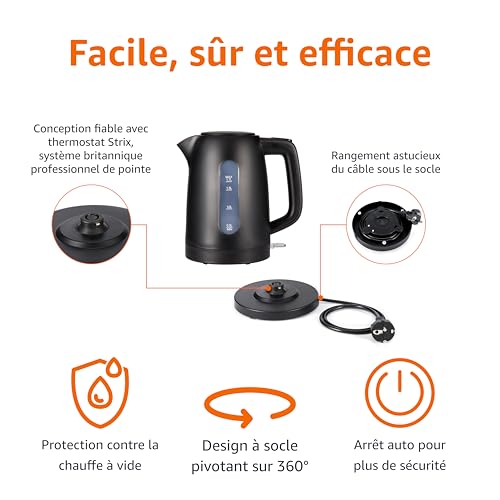 Detalle de Amazon Basics Bouilloire Électrique 1,7 L – 2200 W, Base 360°, Arrêt Automatique et Filtre Anti-Calcaire Amovible