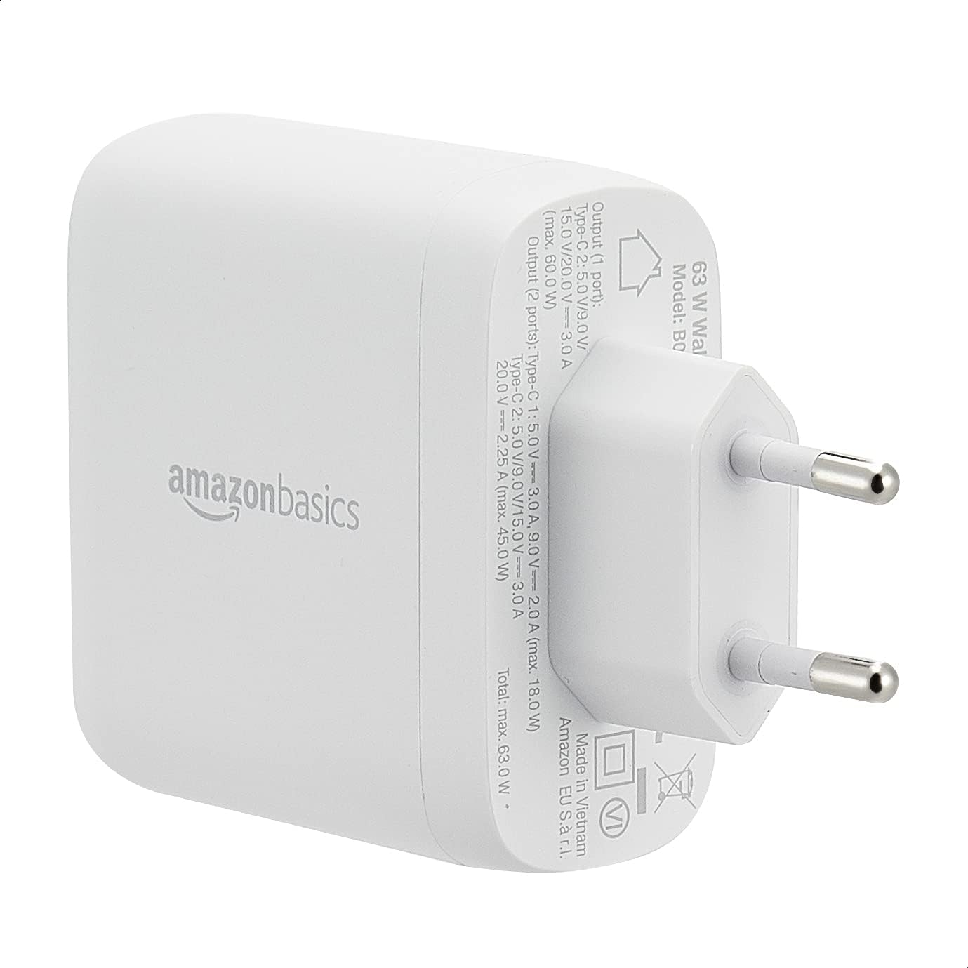 Detalle de Amazon Basics Chargeur mural USB-C 2 ports 68W GaN – compact et sûr pour PC, tablette et téléphone