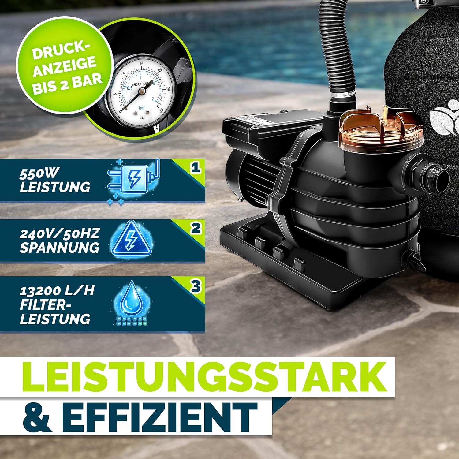 Thumbnail 3 de tillvex® Sandfilteranlage Pool 13.200 L/h bis 40.000 L mit 7-Wege-Ventil & 2in1 Adapter (Schwarz)