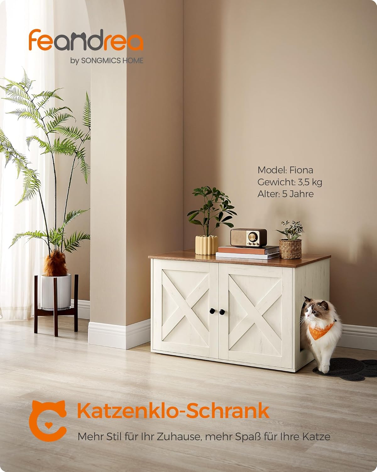 Detalle de Feandrea Katzenhaus Katzenklo-Schrank mit herausnehmbarer Trennwand, 80 x 53 x 50 cm – honigbraun-vintageweiß (PCL002P01V1)