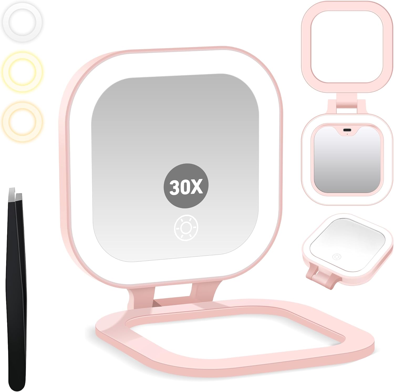 Detalle de GOMIPURU Travel Mirror with Light (1x/30x) with Adjustable Brightness, 3 Color LEDs and Tweezer