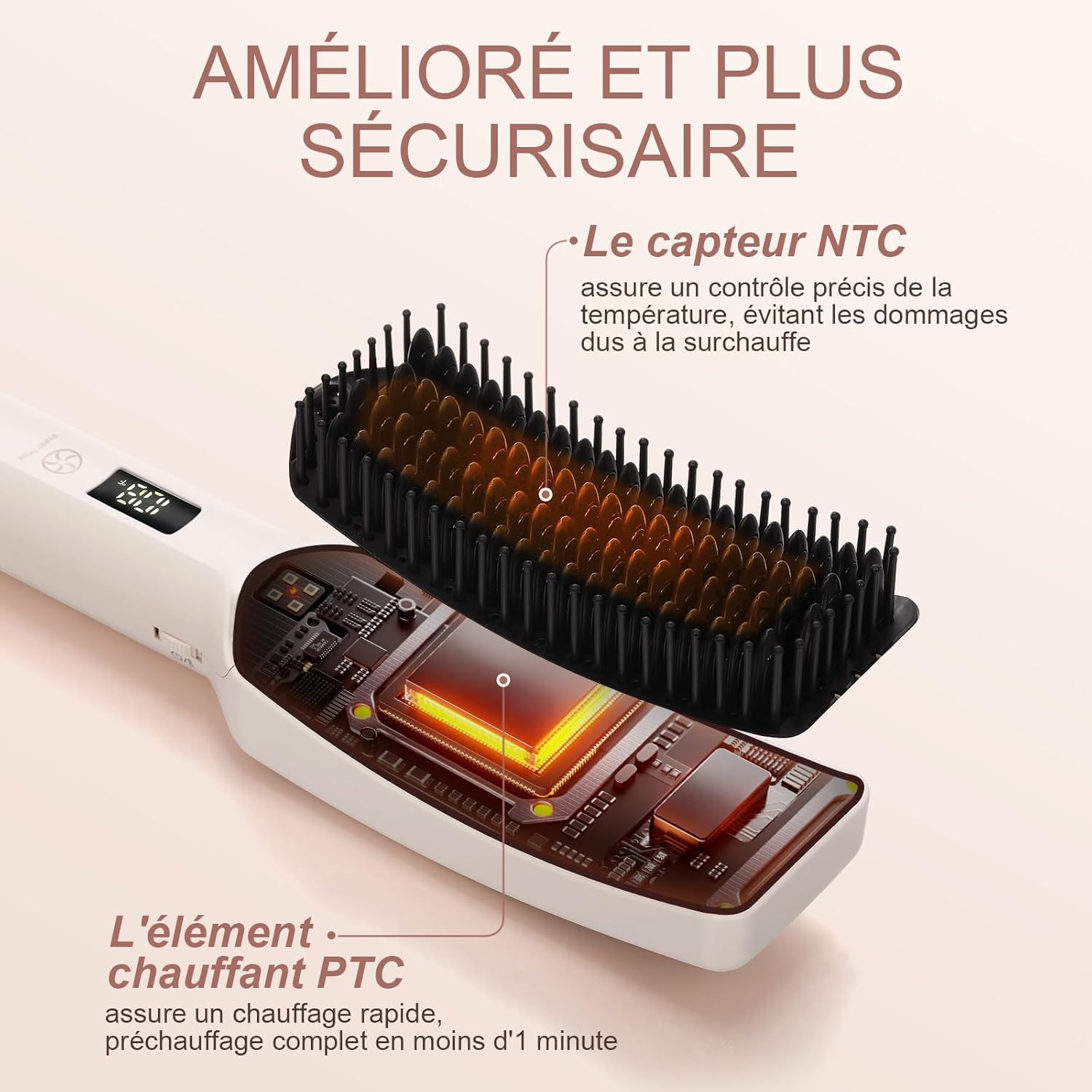Detalle de AraSyleon Brosse Lissante Ionique – Brosse Chauffante avec Poils en Céramique, 16 Températures (80-230°C), Double Énergie