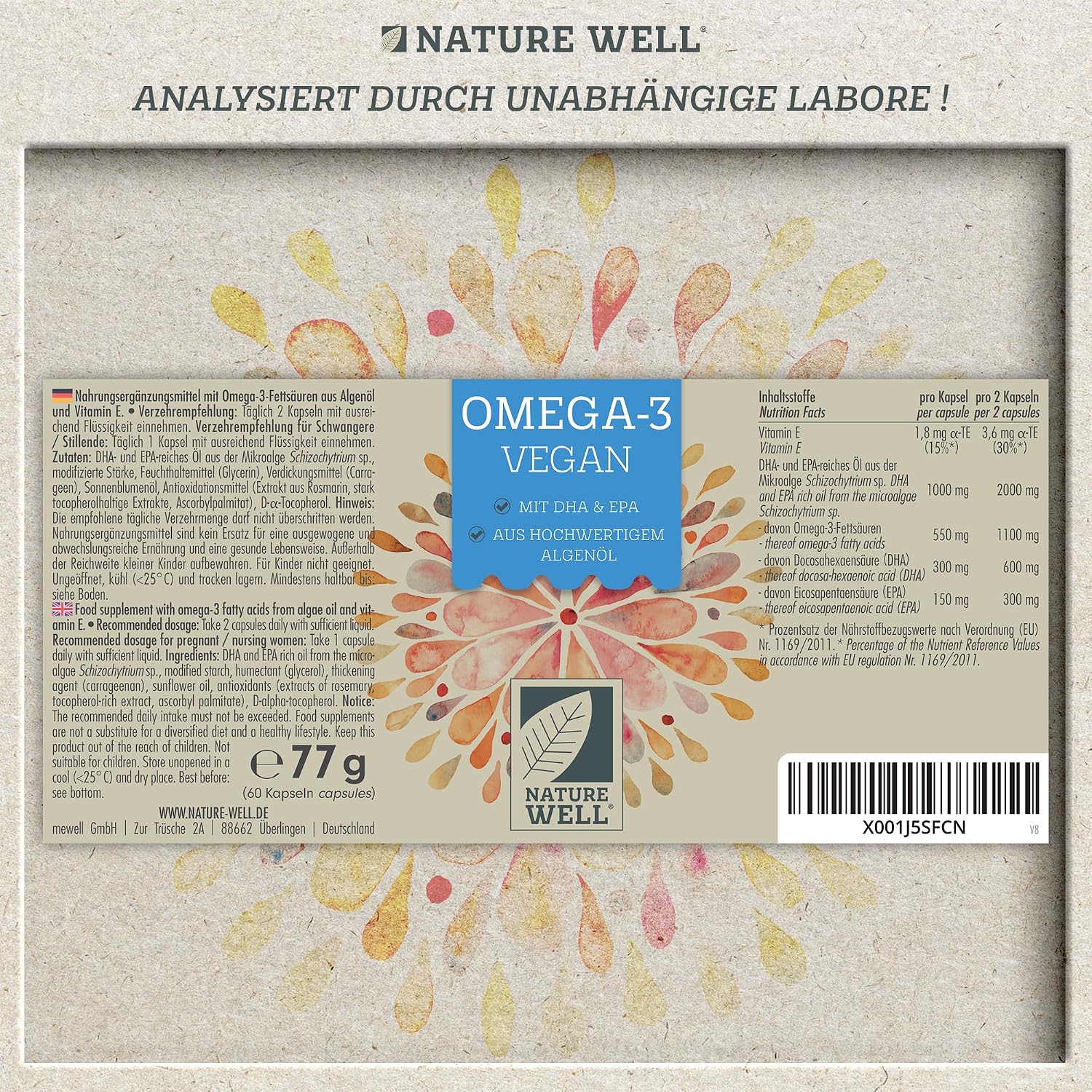 Detalle de Omega-3 Vegan von NatureWell: 60 hochdosierte Kapseln mit Algenöl (DHA & EPA)