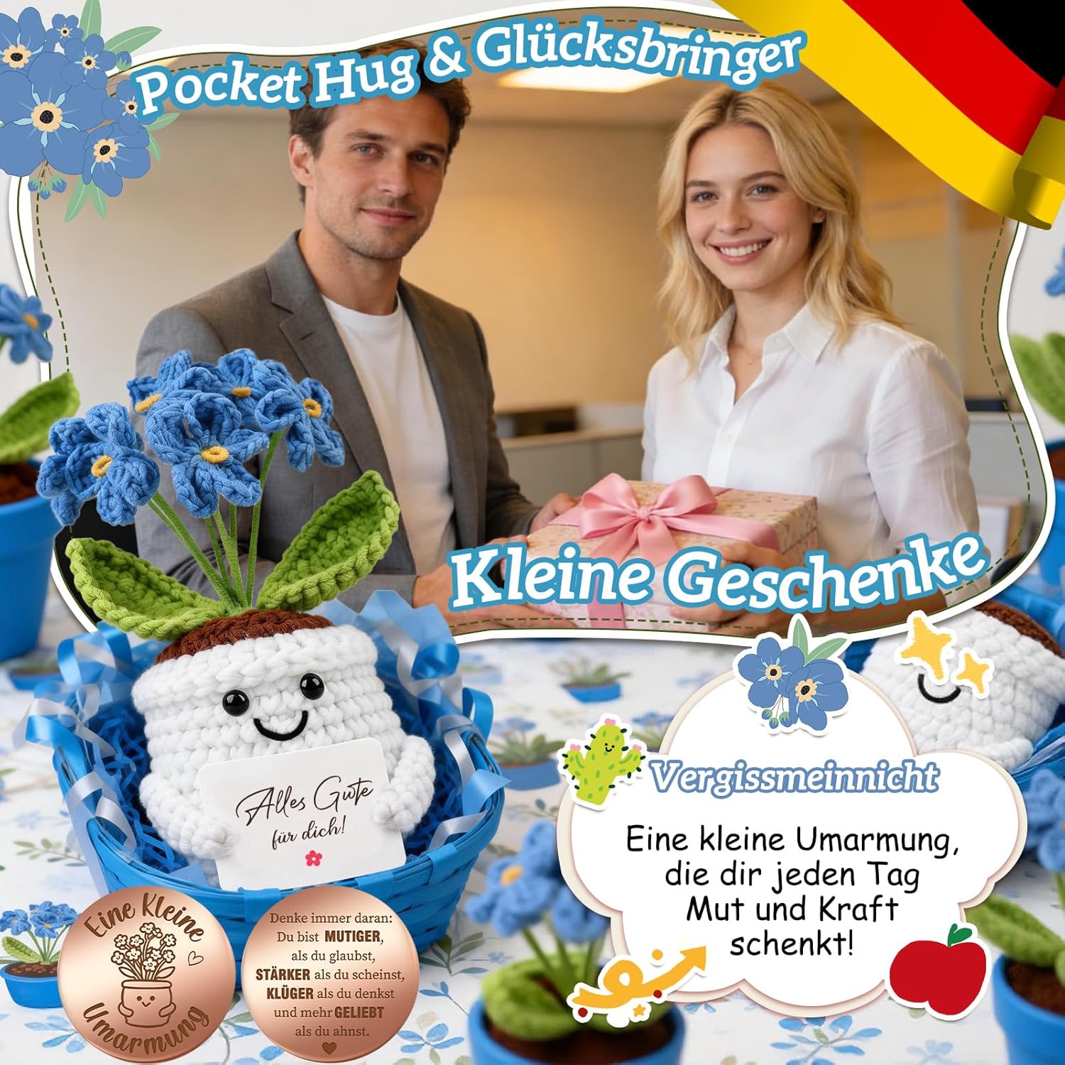 Thumbnail 2 de Giftota Mutmacher: Pocket Hug Vergissmeinnicht – handgehäkelte Blume im Lederetui