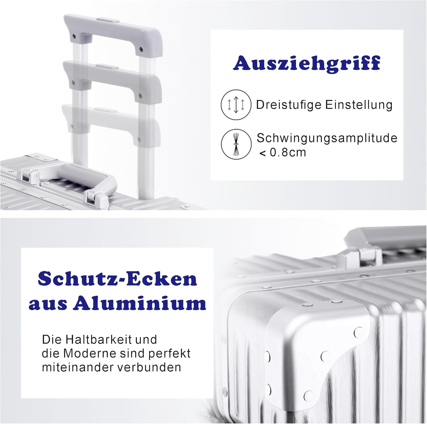 Detalle de Aoliwei 100% Aluminium Koffer (100L) – Großer L Vollaluminium Reisebegleiter mit TSA-Schloss und 360° Doppelrollen