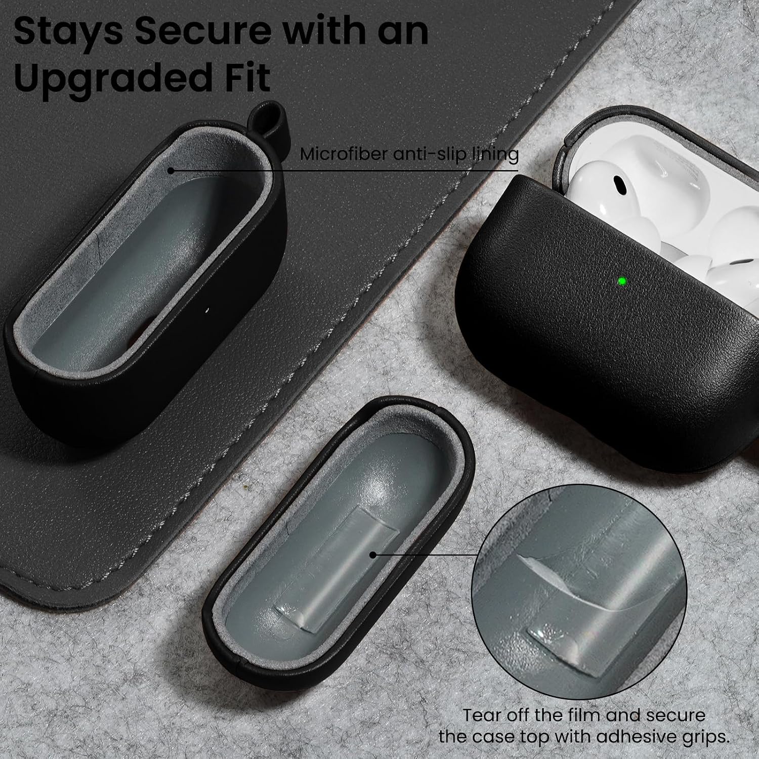 Detalle de ORNARTO Leather Case for AirPods Pro 3 (2025) with Carabiner – Black