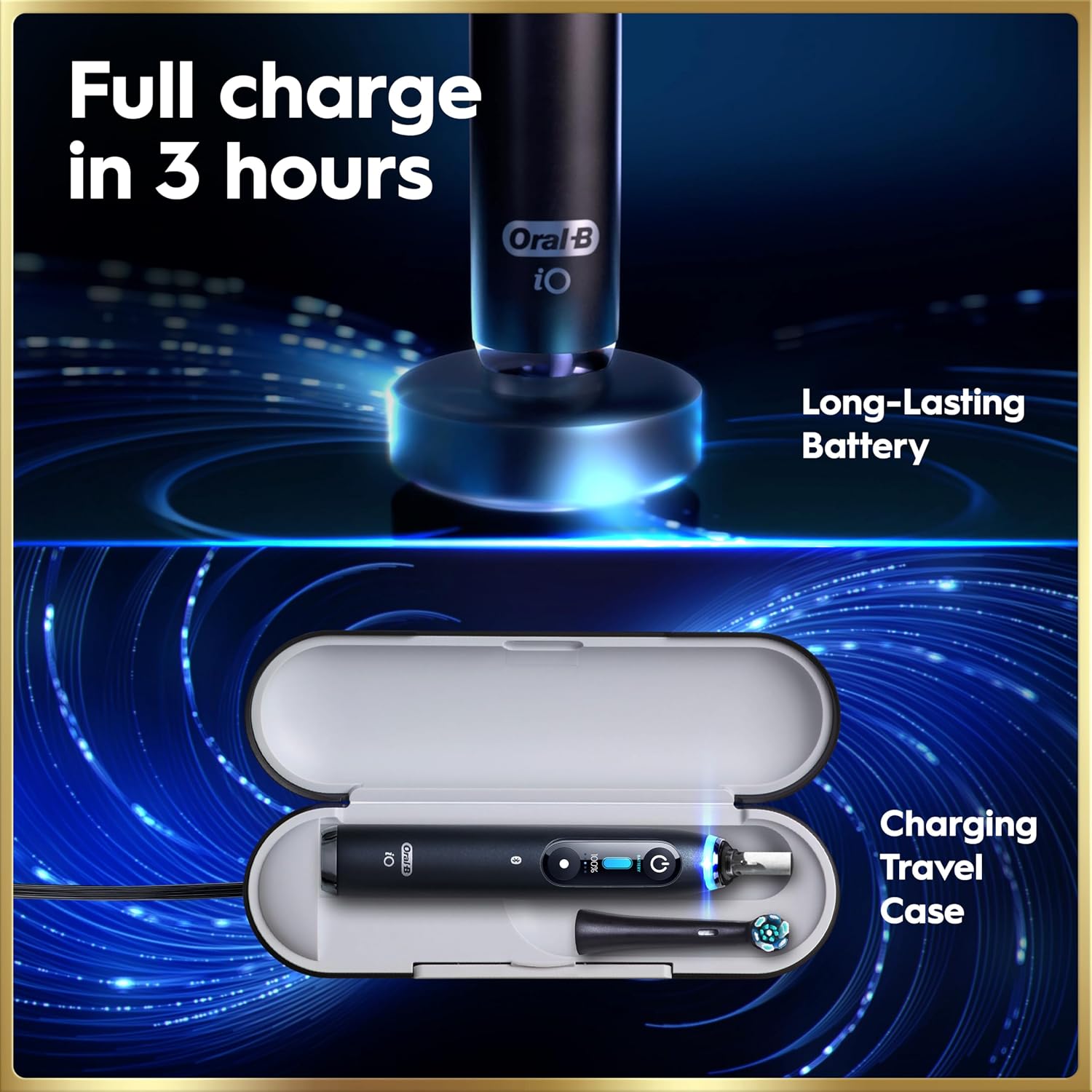 Detalle 2 de Oral-B iO 9 Electric Toothbrush (Sapphire Blue) with 3 brush heads, fast magnetic charger & travel case