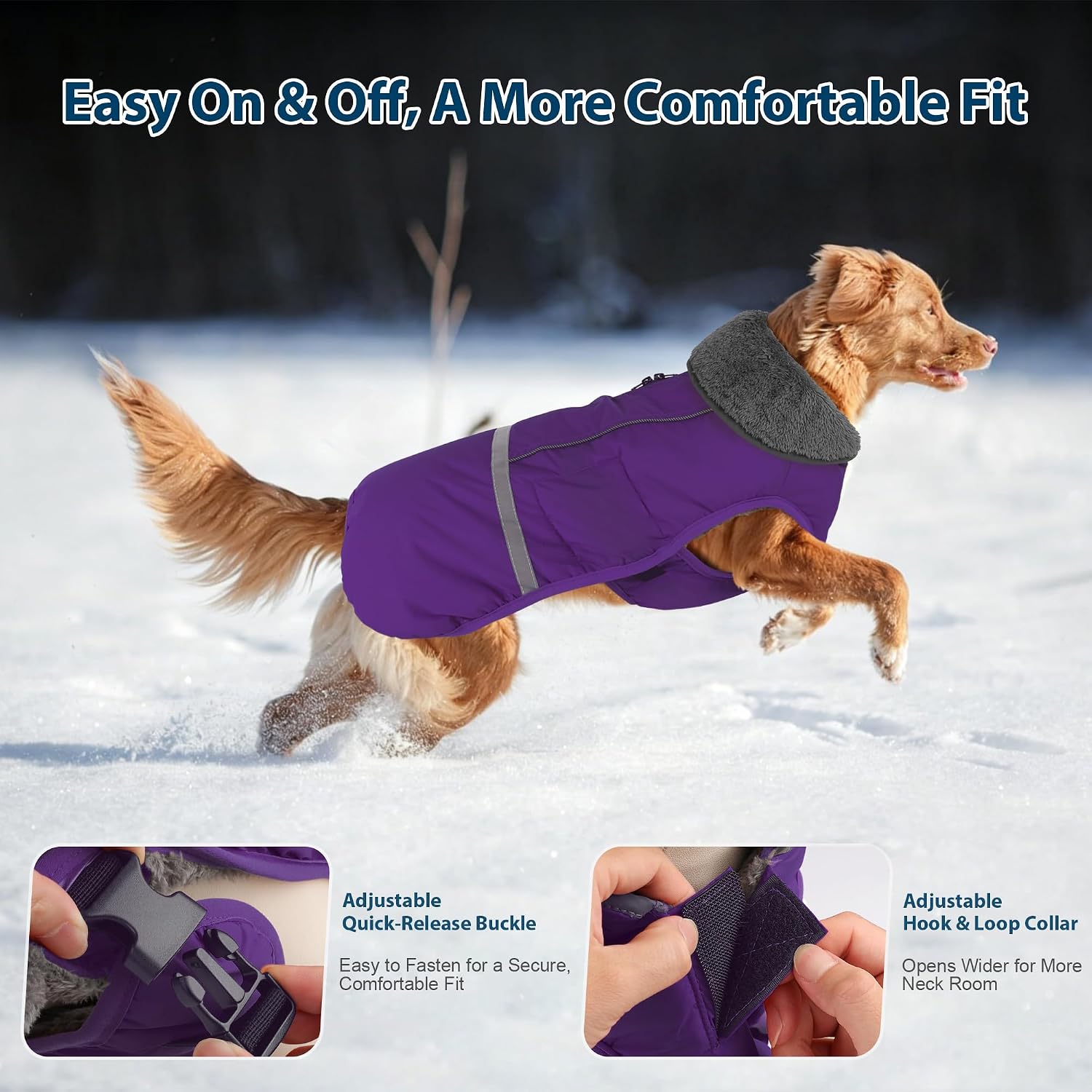 Detalle 2 de Dogcheer 2003 Dog Coat, Small Purple Fleece-Lined, Water-Resistant & Reflective