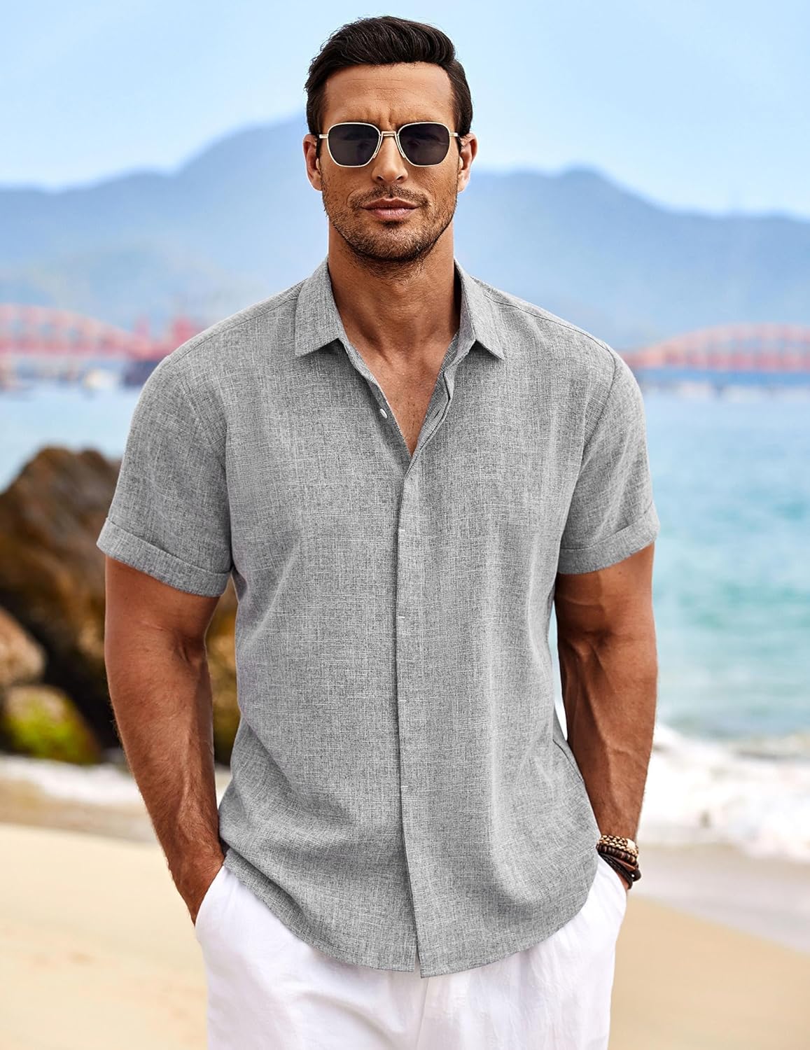 Thumbnail 2 de COOFANDY Chemise en Lin pour Hommes – Manches Courtes, Coupe Regular, Style Plage