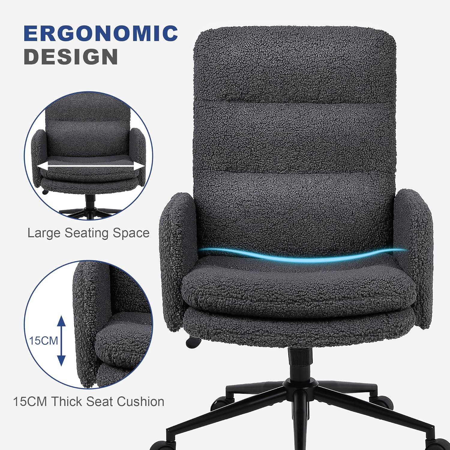 Thumbnail 4 de Youhauchair Schreibtischstuhl aus Kaschmir – ergonomischer Bürostuhl mit hoher Rückenlehne, Dunkelgrau