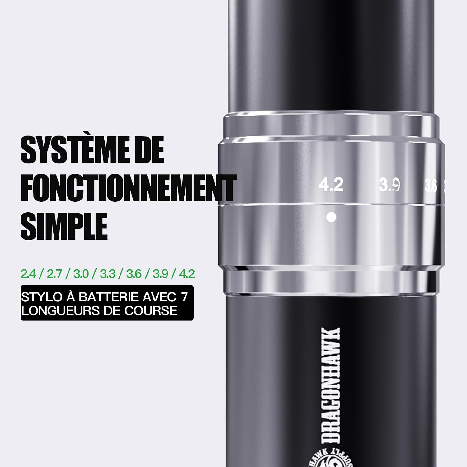 Detalle de Dragonhawk Stylo de tatouage sans fil rotative — 1500 mAh, course réglable 2,4–4,2 mm, LED, pour débutants