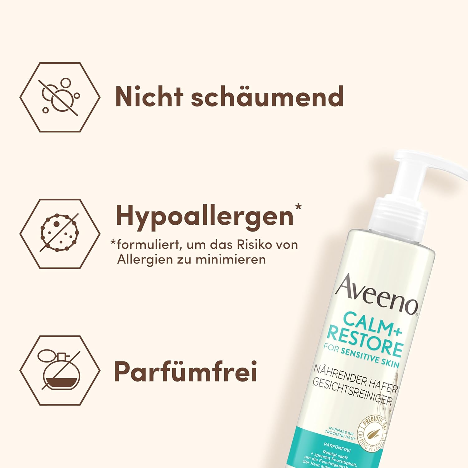 Detalle de Aveeno CALM+RESTORE Gesichtsreiniger mit präbiotischem Hafer & Mutterkraut (200 ml) – sanfte Reinigung für sensible Haut
