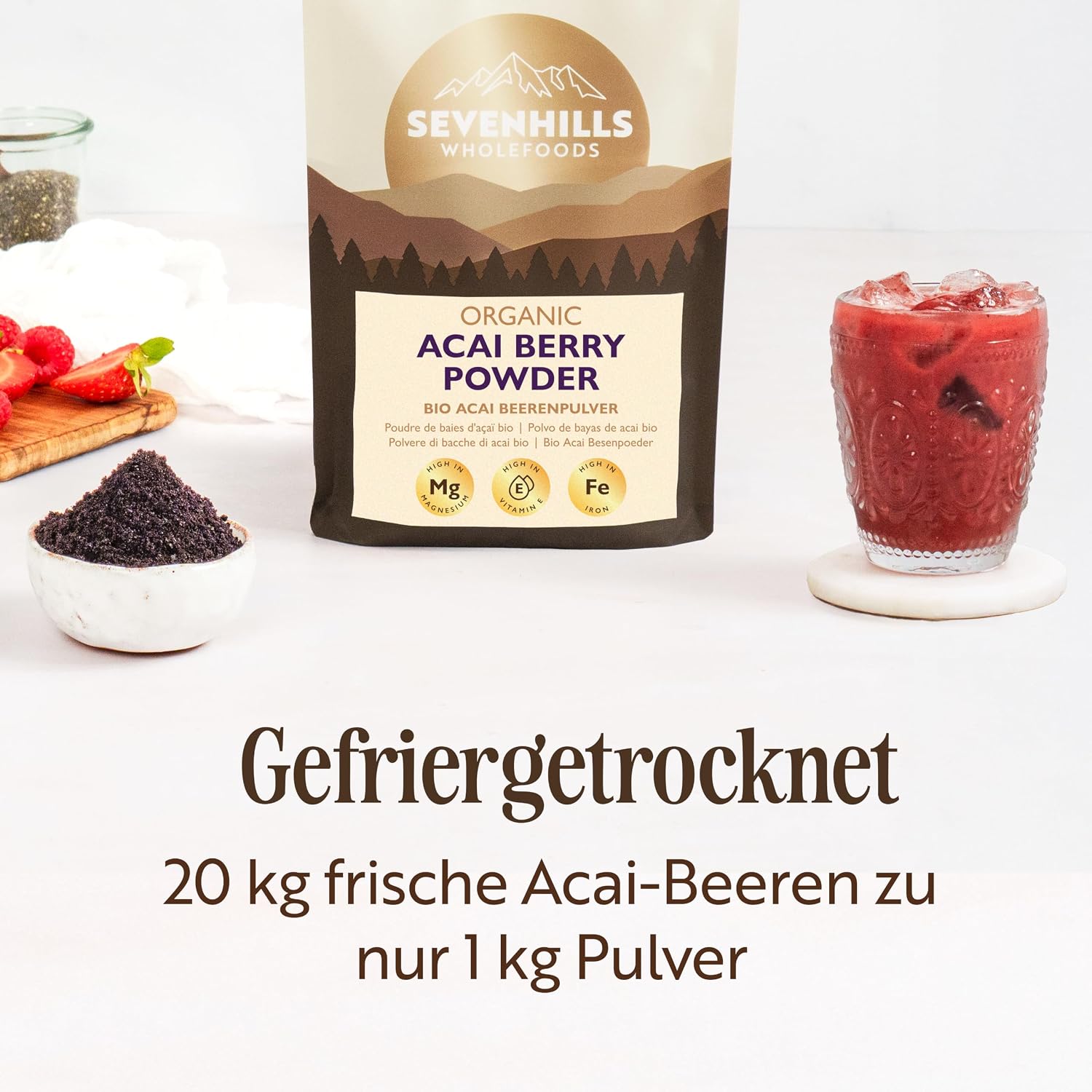Detalle de Sevenhills Wholefoods Acai Beeren Pulver Bio 100 g – gefriergetrocknet, rohkost, pur & natürlich