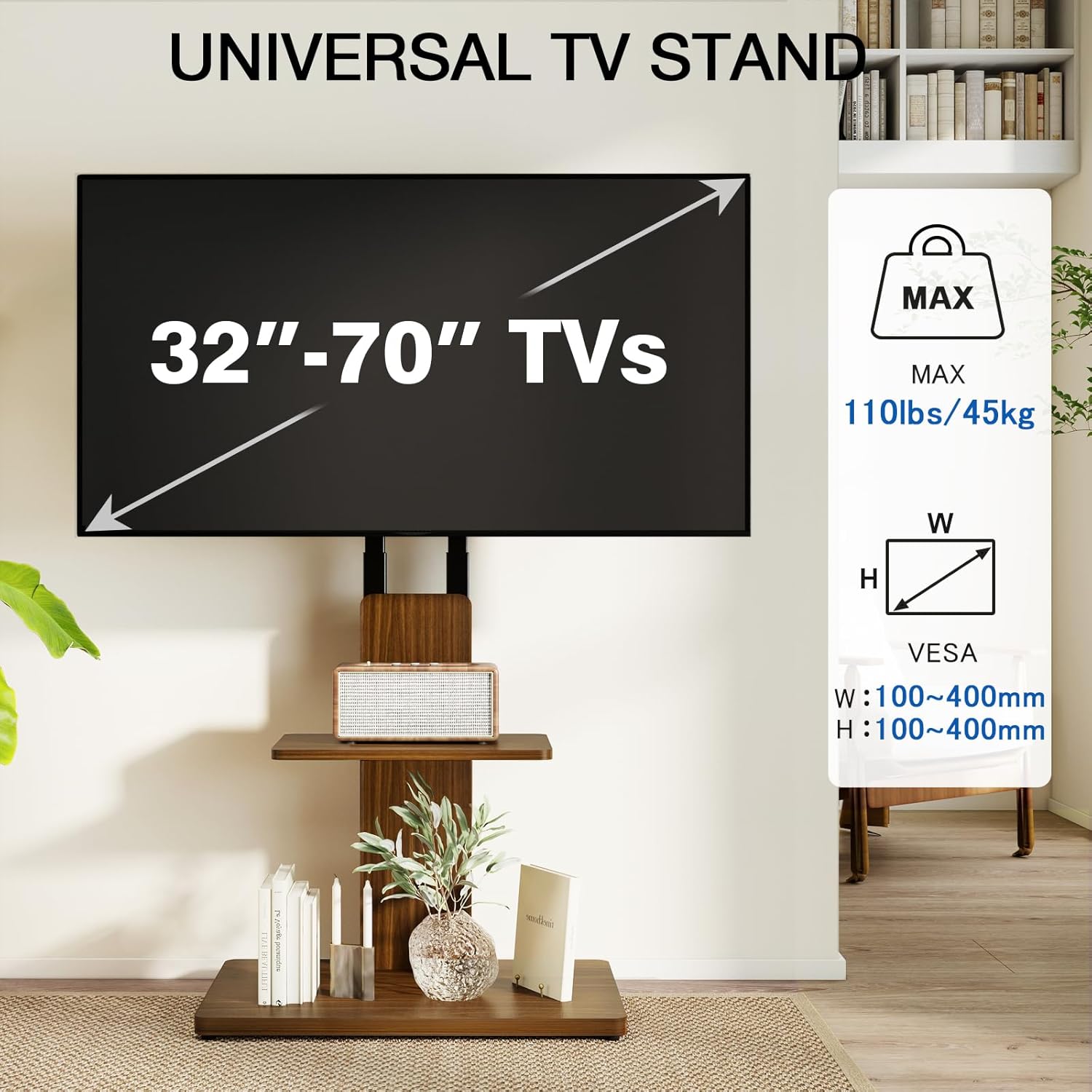 Thumbnail 5 de TVON support TV au sol sur roulettes cachées (32 à 70 pouces) hauteur réglable, base en bois