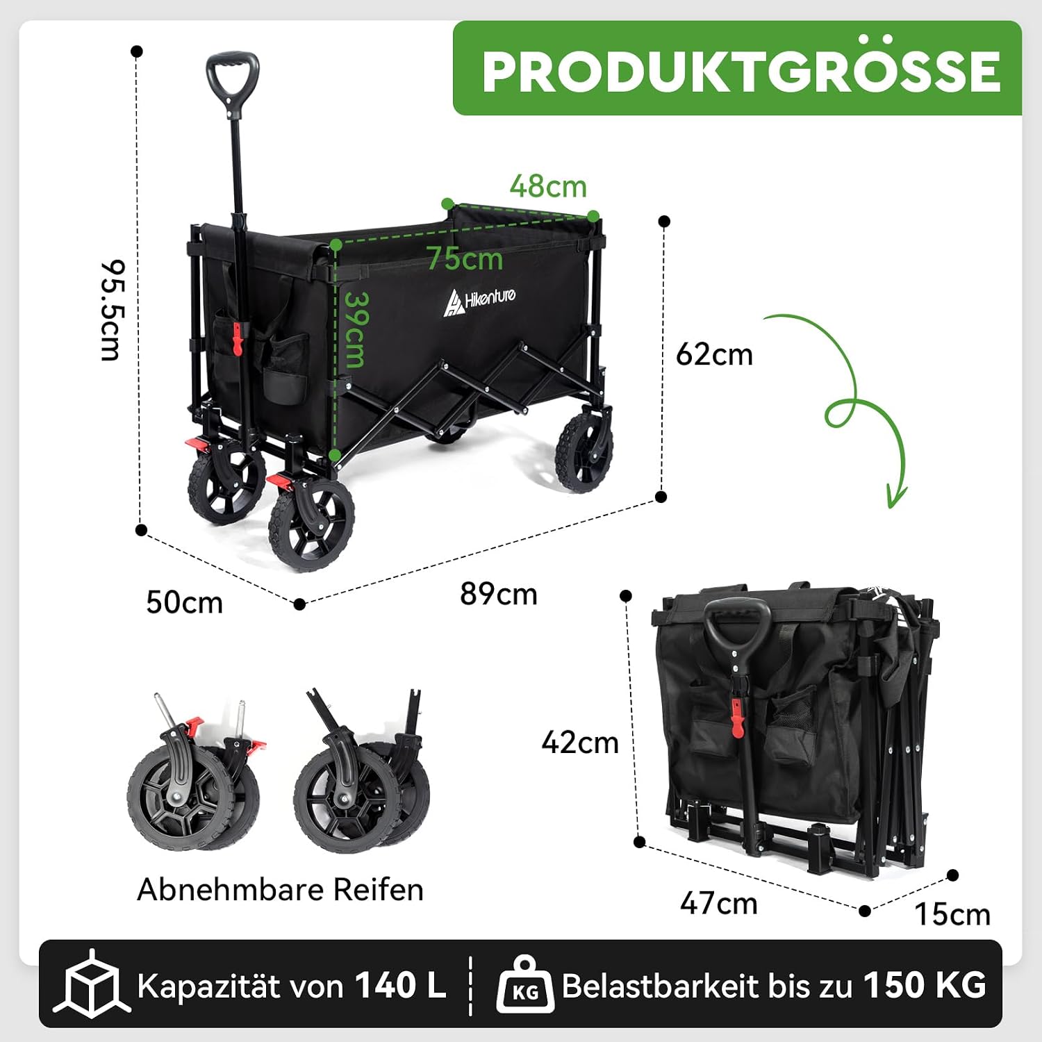 Thumbnail 6 de HIKENTURE L1195-A1 opvouwbare transportwagen, 140 l en 150 kg draagvermogen