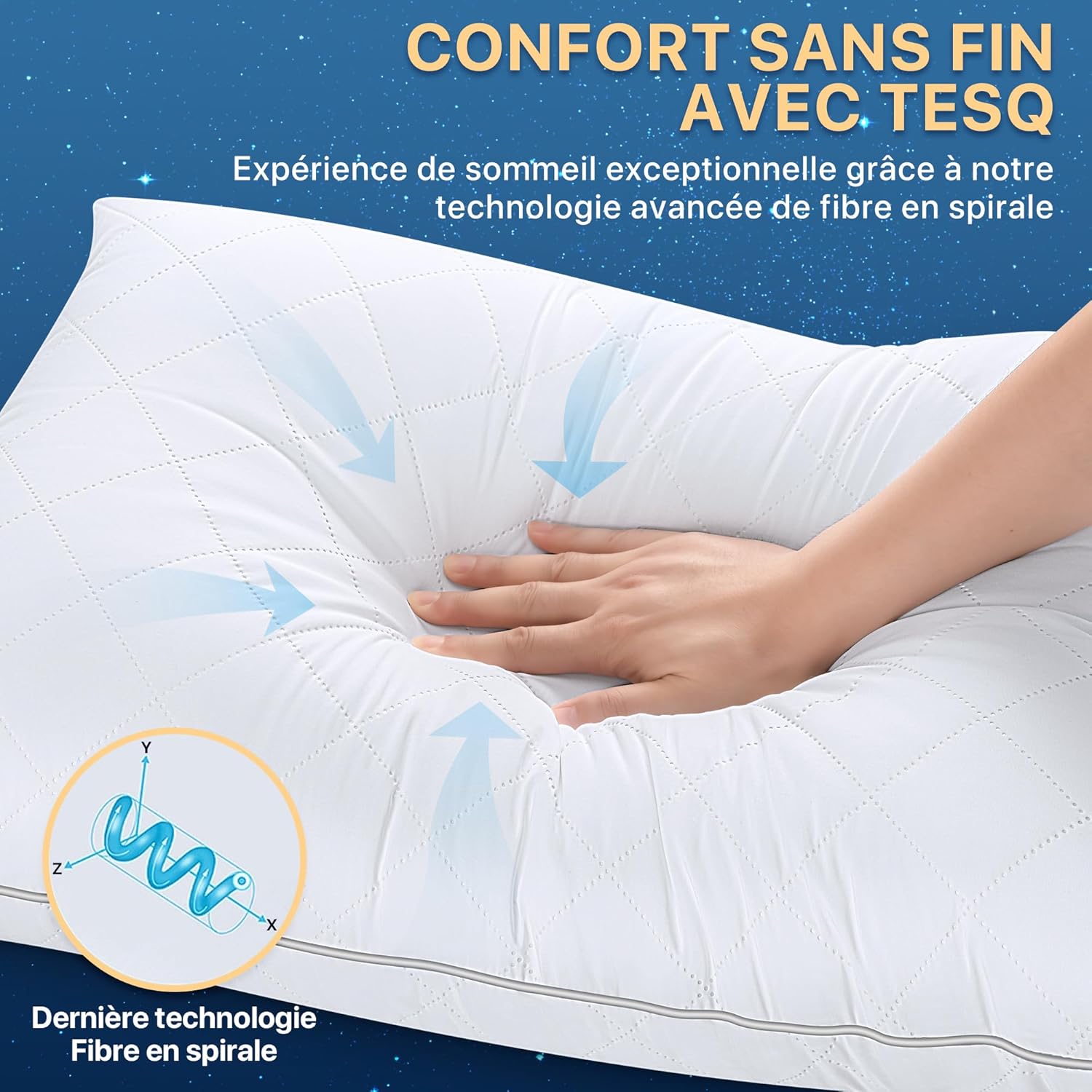 Thumbnail 2 de TESQ oreiller 65x65 cm (lot de 2) – confort moelleux, respirant et hypoallergénique certifié Oeko-TEX