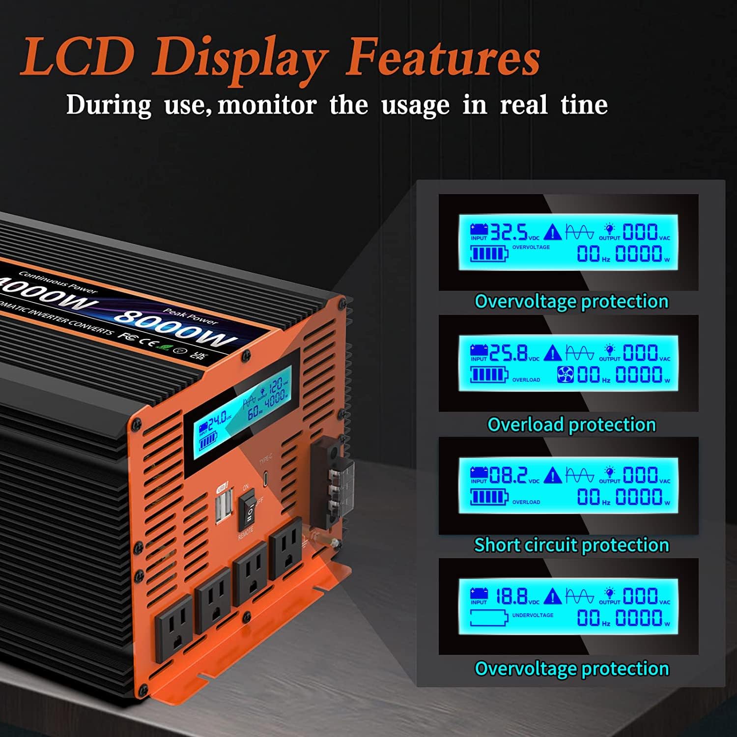 Detalle de 4000 Watt Pure Sine Wave Power Inverter (24V DC to 110/120V) with Remote, LCD, and Dual USB – JARXIOKE