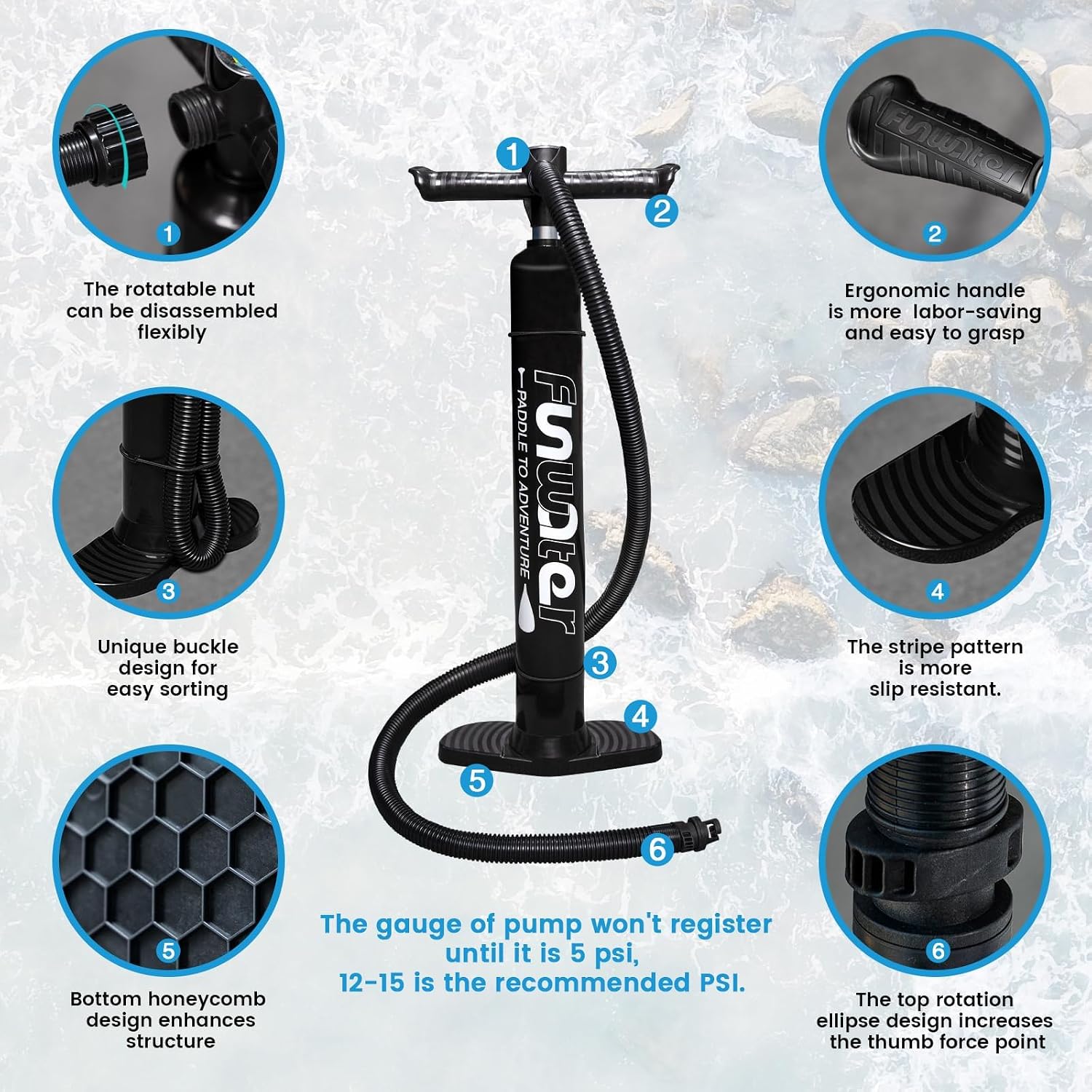 Detalle de FunWater Tavola Gonfiabile SUP con pinne, pagaia, pompa e zaino