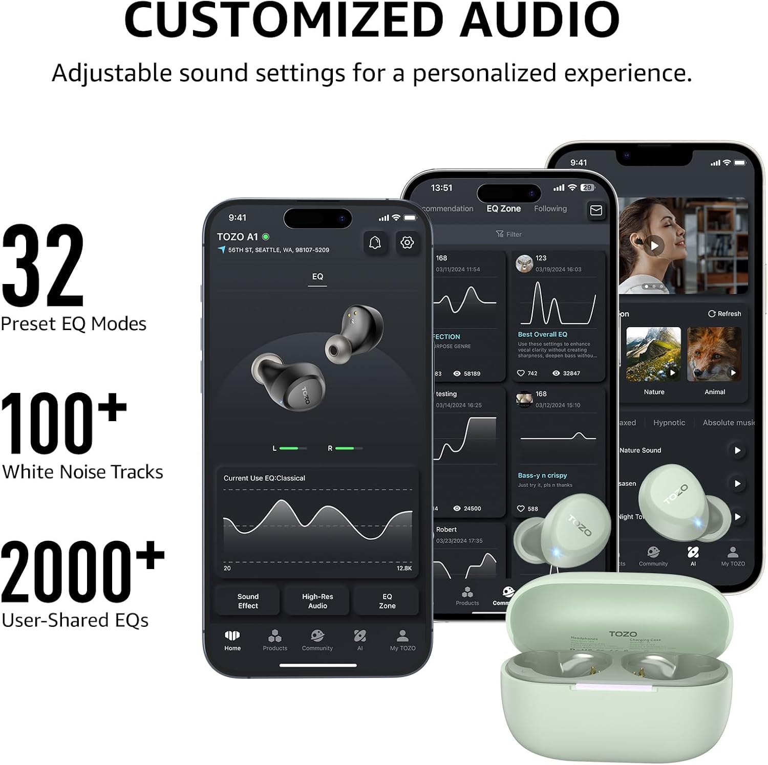Thumbnail 4 de TOZO A1 In-Ear Bluetooth 5.3 Kopfhörer kabellos mit 2 Mikrofonen, App-Steuerung & bis zu 32 Std. Wiedergabe (Grün)