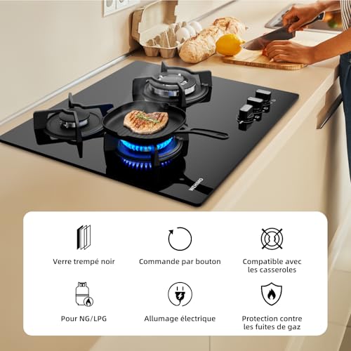 Thumbnail 8 de Wehimo - Placa de cocina de gas de 3 fuegos empotrable, 60 cm, cristal negro