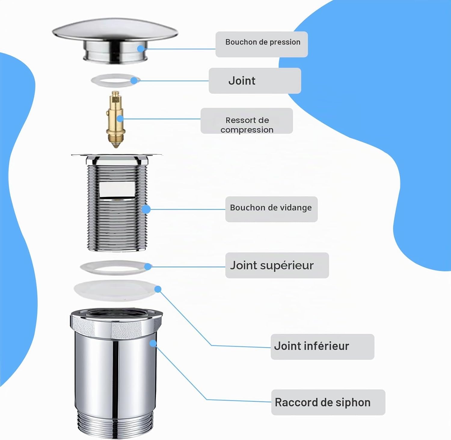 Detalle de SURFOU Bonde de Lavabo sans Trop-Plein avec Clapet Pop-up en Acier Inoxydable – Chromé Argenté