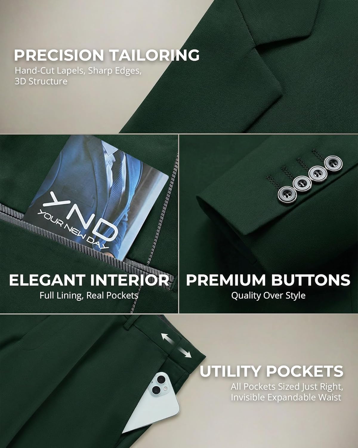 Thumbnail 3 de YND Men's 2 Piece Suit with Tie – Slim Fit One-Button Jacket and Pants Set